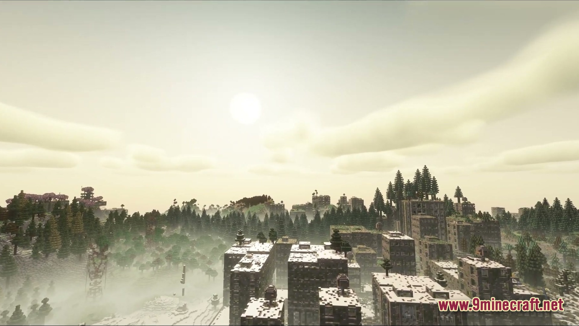Neon Protocol Breach Modpack (1.20.1) – Futuristic City Zombie Survival 4 An abandoned city landscape with overgrown buildings and pine forests under a hazy, sunlit sky