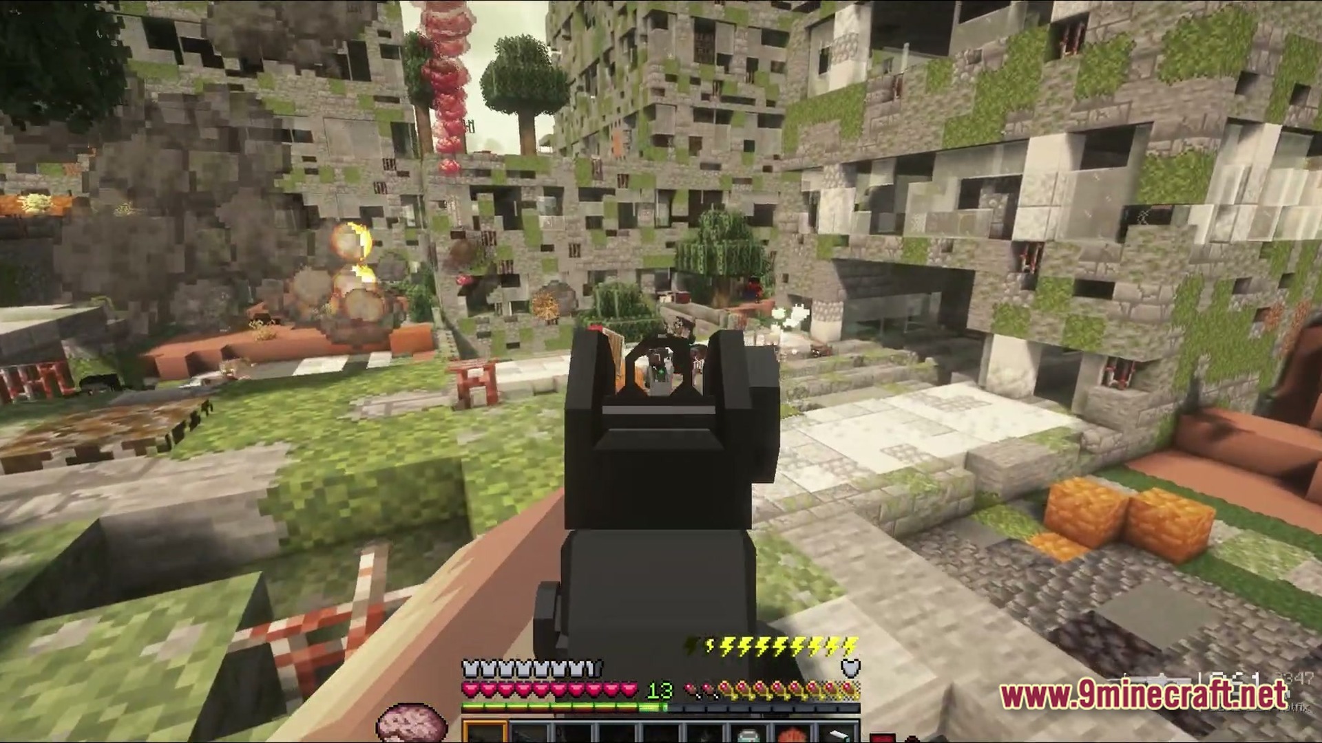 Neon Protocol Breach Modpack (1.20.1) – Futuristic City Zombie Survival 5 A first-person view of a player aiming a firearm at enemies in a ruined city