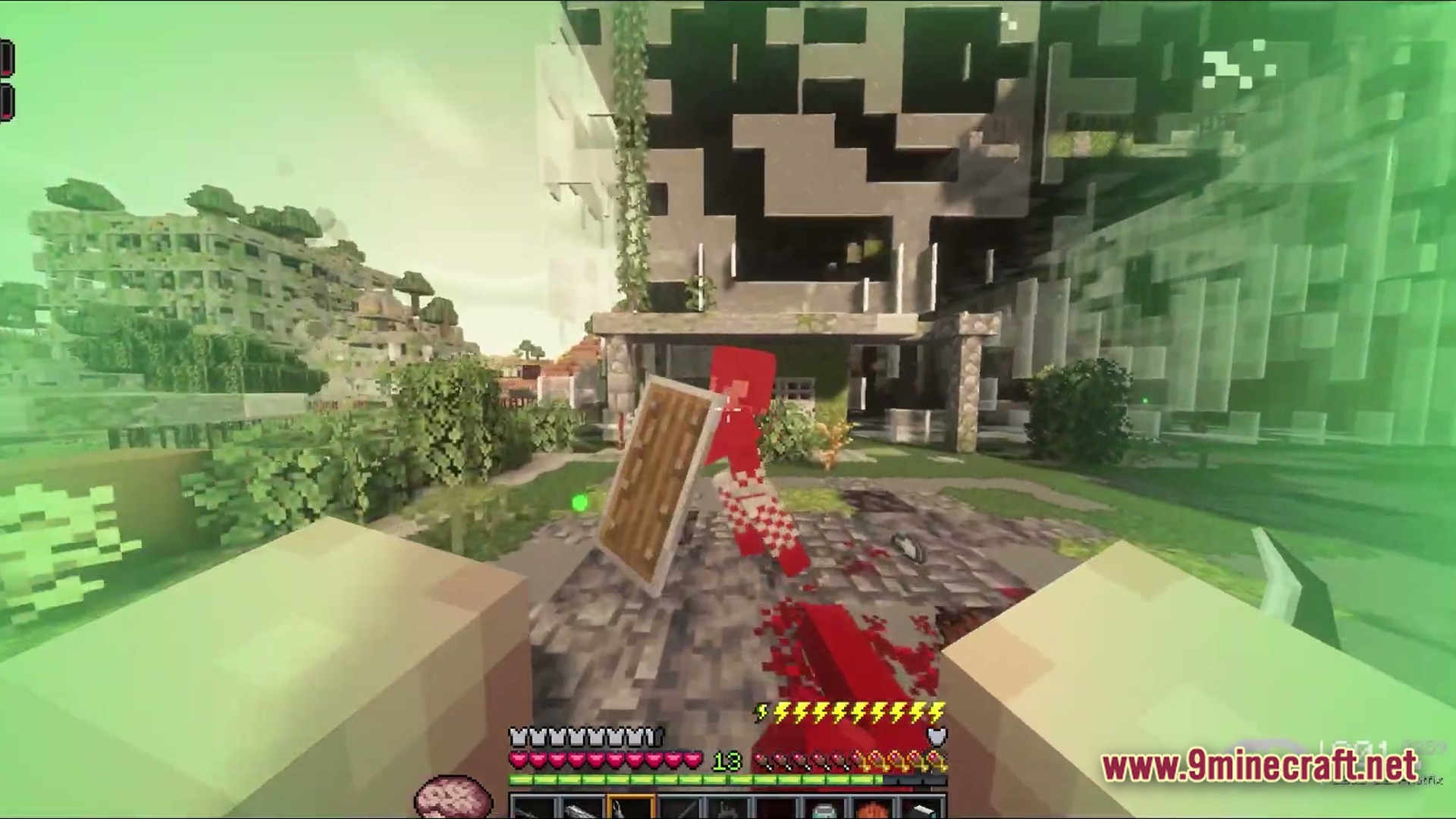 Neon Protocol Breach Modpack (1.20.1) – Futuristic City Zombie Survival 6 A player engages in combat with a red-tinted enemy near ruined concrete structures and overgrown foliage