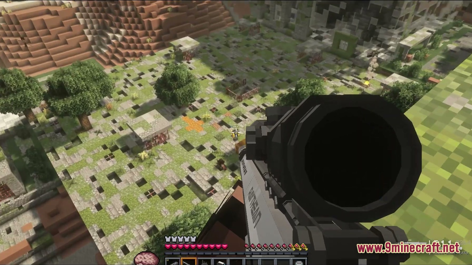 Neon Protocol Breach Modpack (1.20.1) – Futuristic City Zombie Survival 7 A first-person view of a player aiming a scoped rifle over a ruined urban landscape