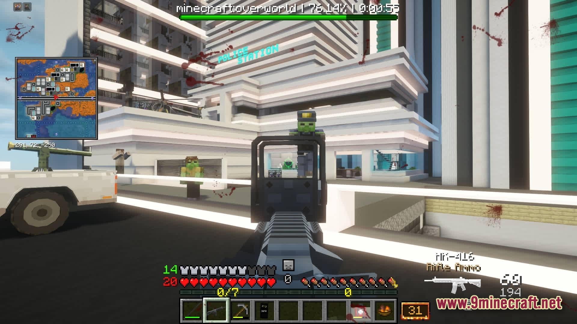 Neon Protocol Breach Modpack (1.20.1) – Futuristic City Zombie Survival 8 A player aims an hk-416 rifle at zombie mobs outside a modern police station structure