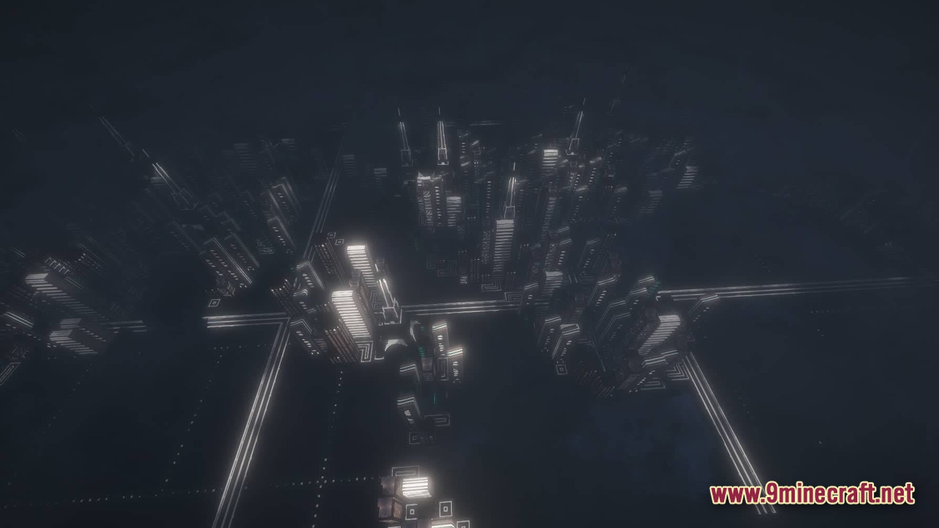Neon Protocol Breach Modpack (1.20.1) – Futuristic City Zombie Survival 9 An aerial view of a sprawling cyberpunk city with illuminated skyscrapers and glowing neon streets at night