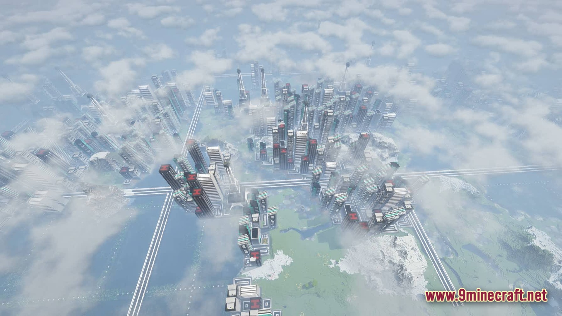 Neon Protocol Breach Modpack (1.20.1) – Futuristic City Zombie Survival 10 An aerial view of a sprawling futuristic city with skyscrapers and roads above the clouds