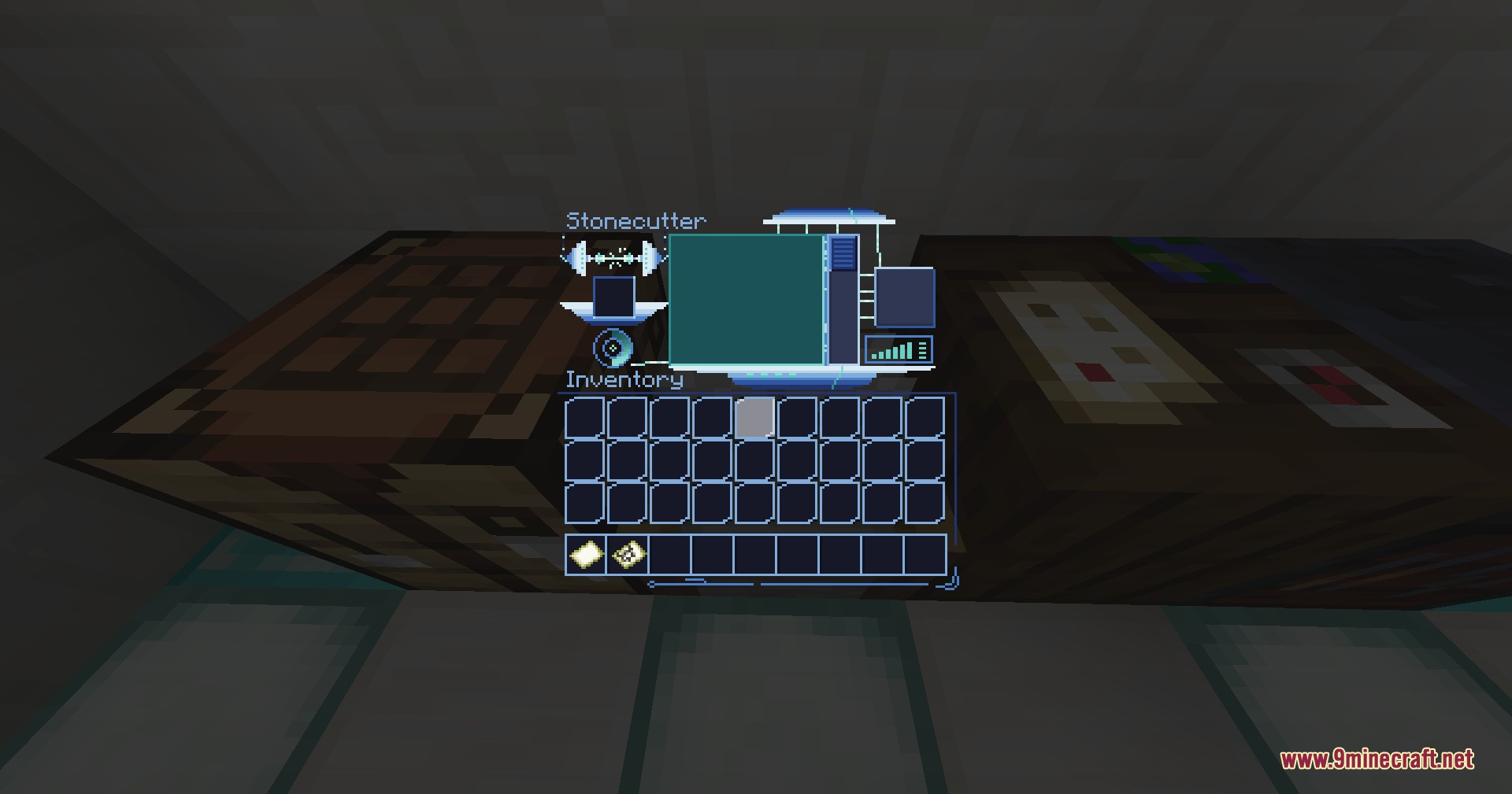 Futuristic stonecutter ui with glowing blue elements and a dark inventory grid