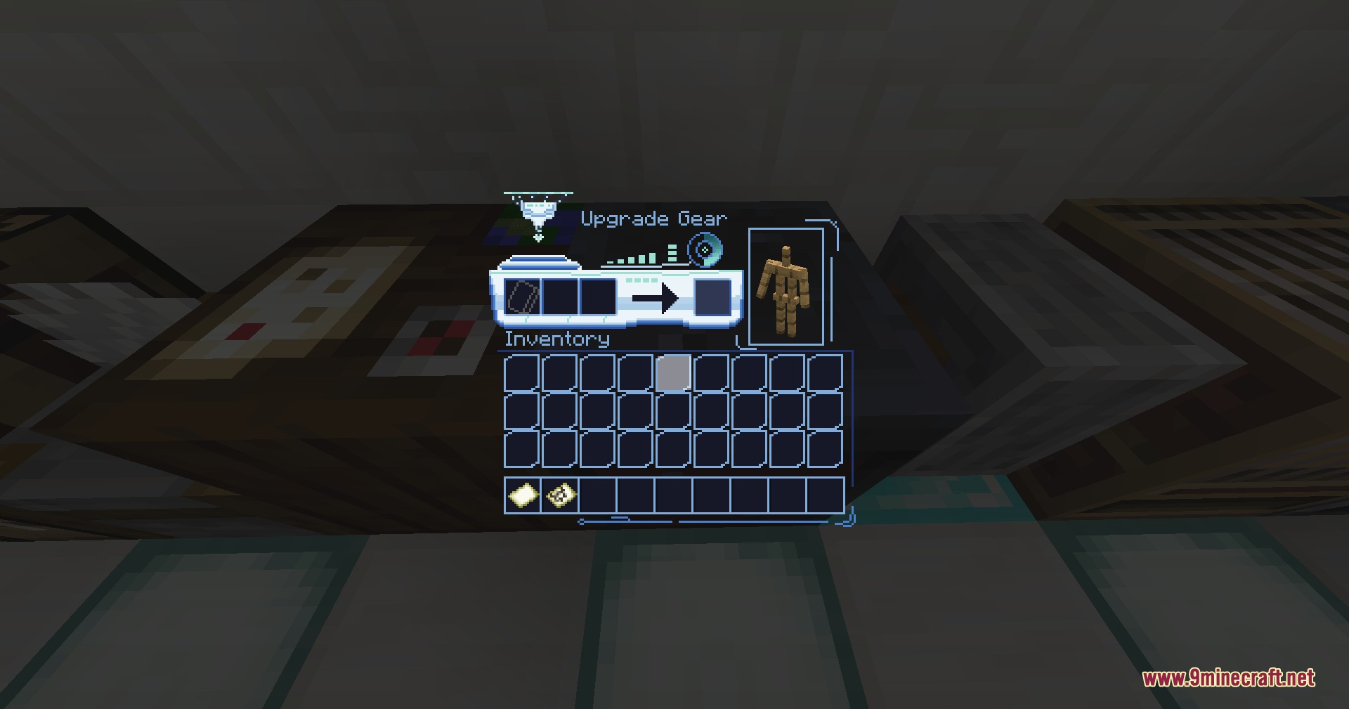 Futuristic smithing table menu with neon blue borders and gear upgrade slots