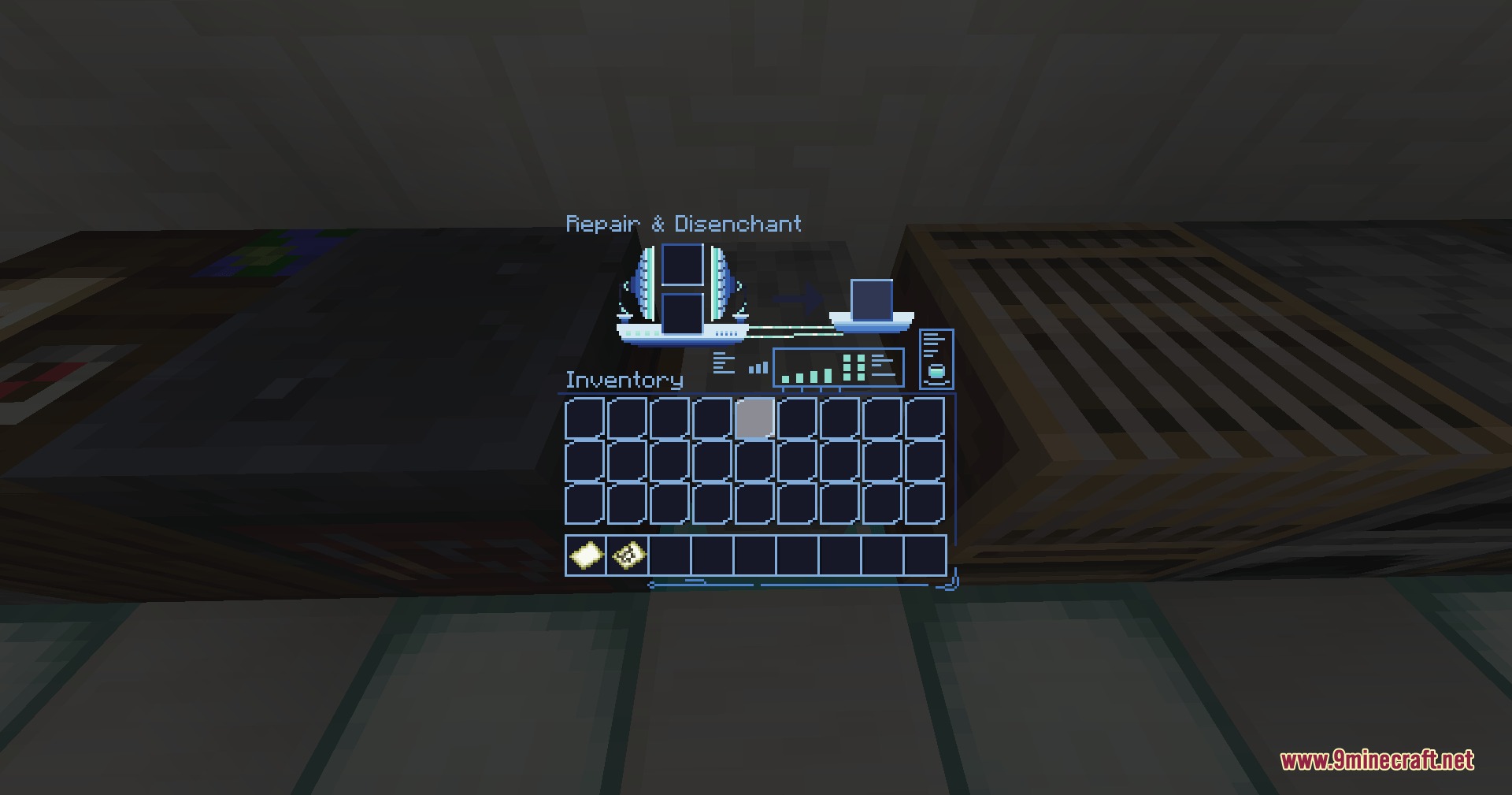 Futuristic neon blue interface for the repair and disenchant menu in minecraft