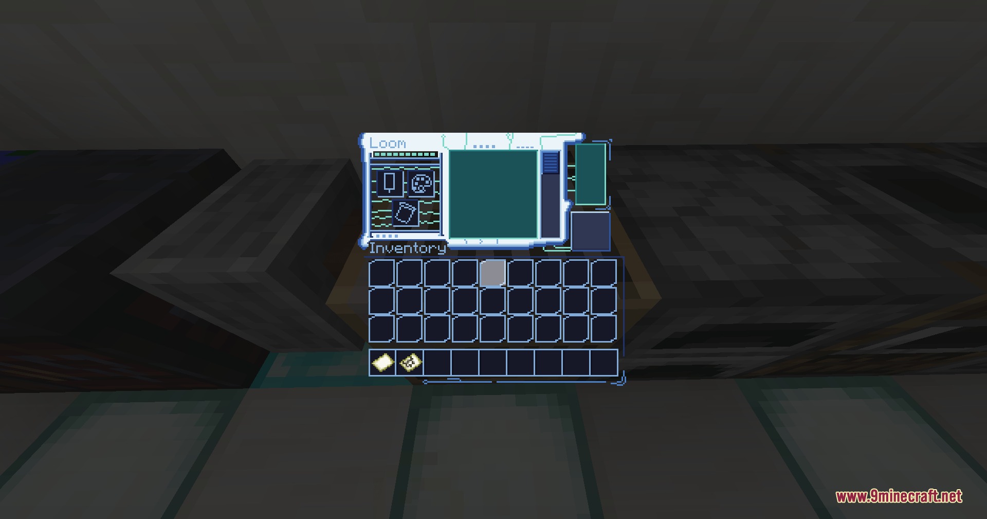 Sleek futuristic loom menu with glowing blue borders and dark inventory panels