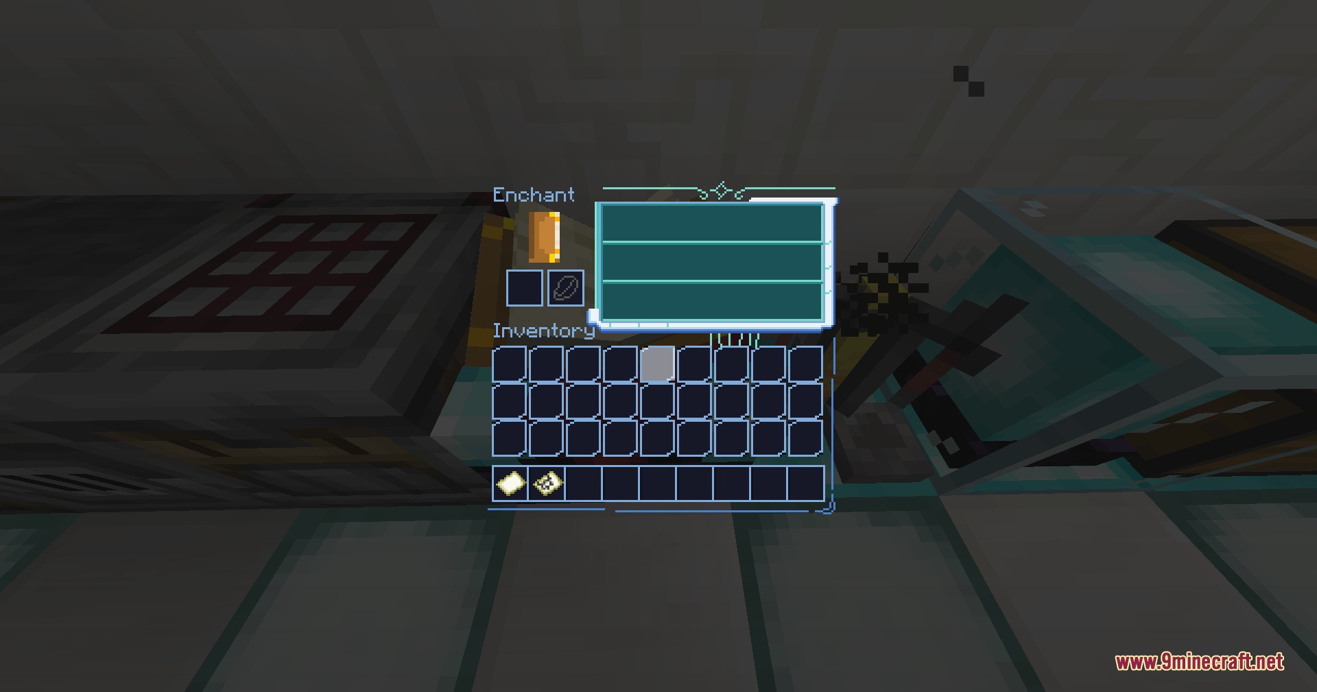 Glowing blue enchantment table interface with a sleek futuristic design