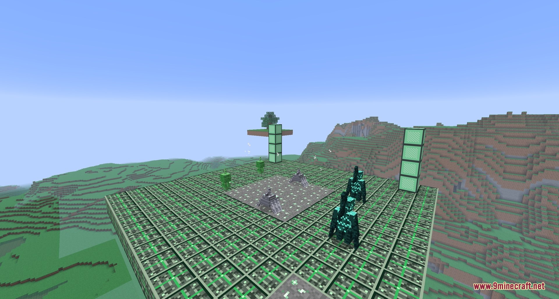 Alien mobs roaming a green platform on the planet greenxertz in minecraft