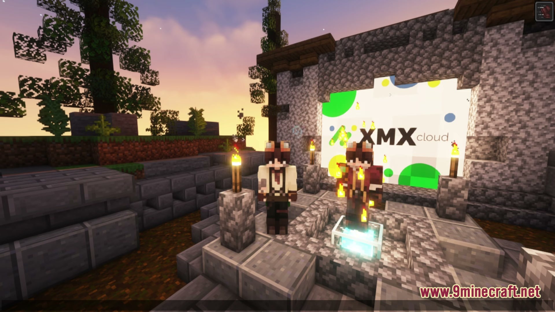 New Game 2 Enjoy An Adventure Without Limits Modpack (1.20.1) – An Endless Adventure True 2 Two players stand before a stone structure featuring a large xmx cloud logo at sunset