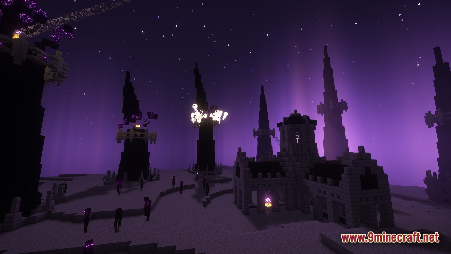 New Game 2 Enjoy An Adventure Without Limits Modpack (1.20.1) – An Endless Adventure True 11 Endermen roam near obsidian towers and stone structures under a purple sky in the end dimension