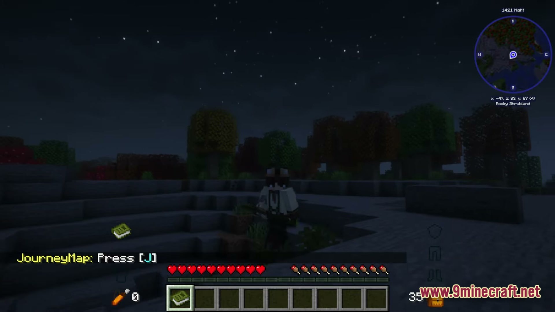 New Game 2 Enjoy An Adventure Without Limits Modpack (1.20.1) – An Endless Adventure True 3 A player character stands in a rocky shrubland biome at night with a minimap hud element