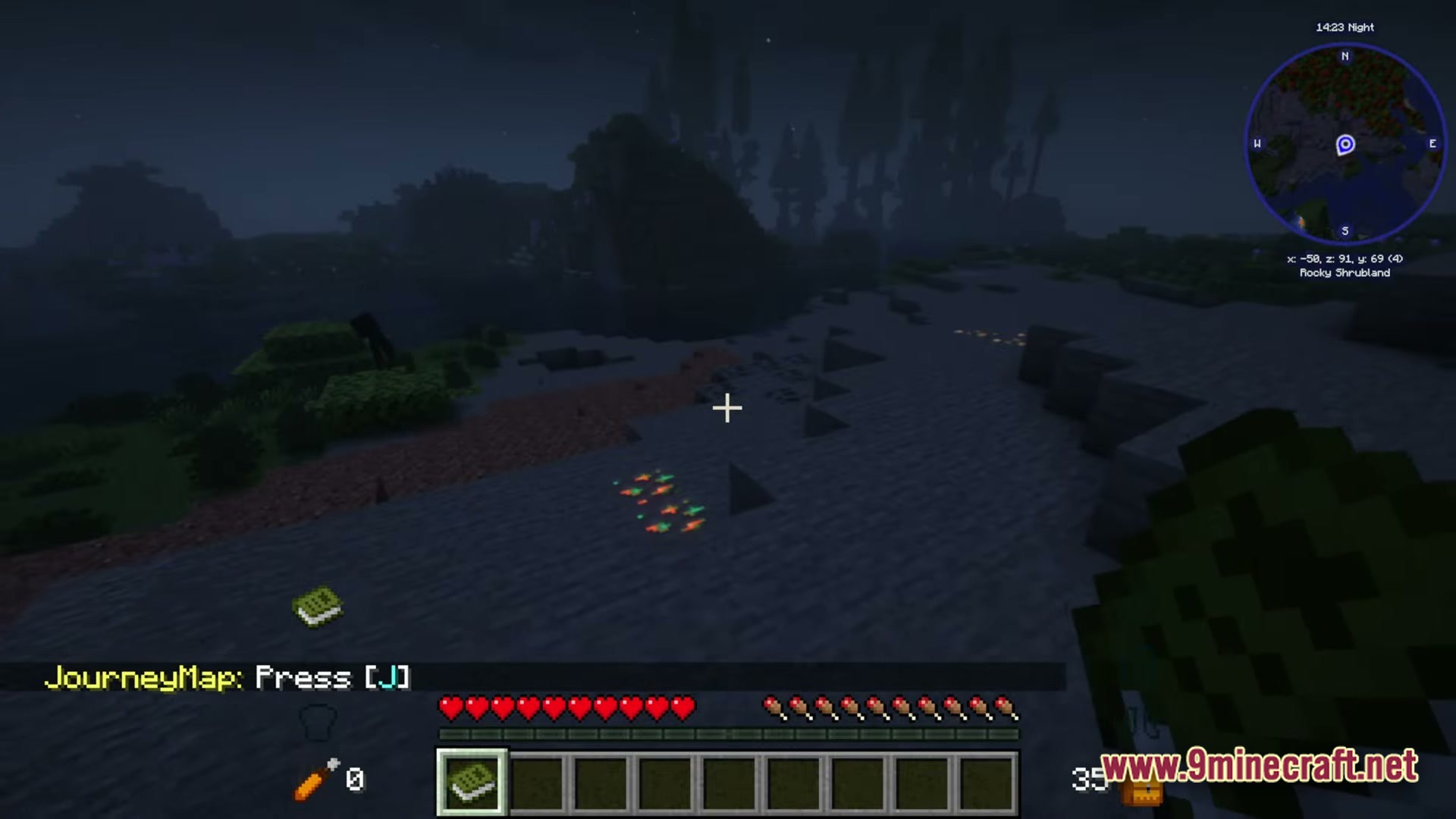 New Game 2 Enjoy An Adventure Without Limits Modpack (1.20.1) – An Endless Adventure True 4 A first-person view of a rocky shrubland biome at night with visible surface ore deposits