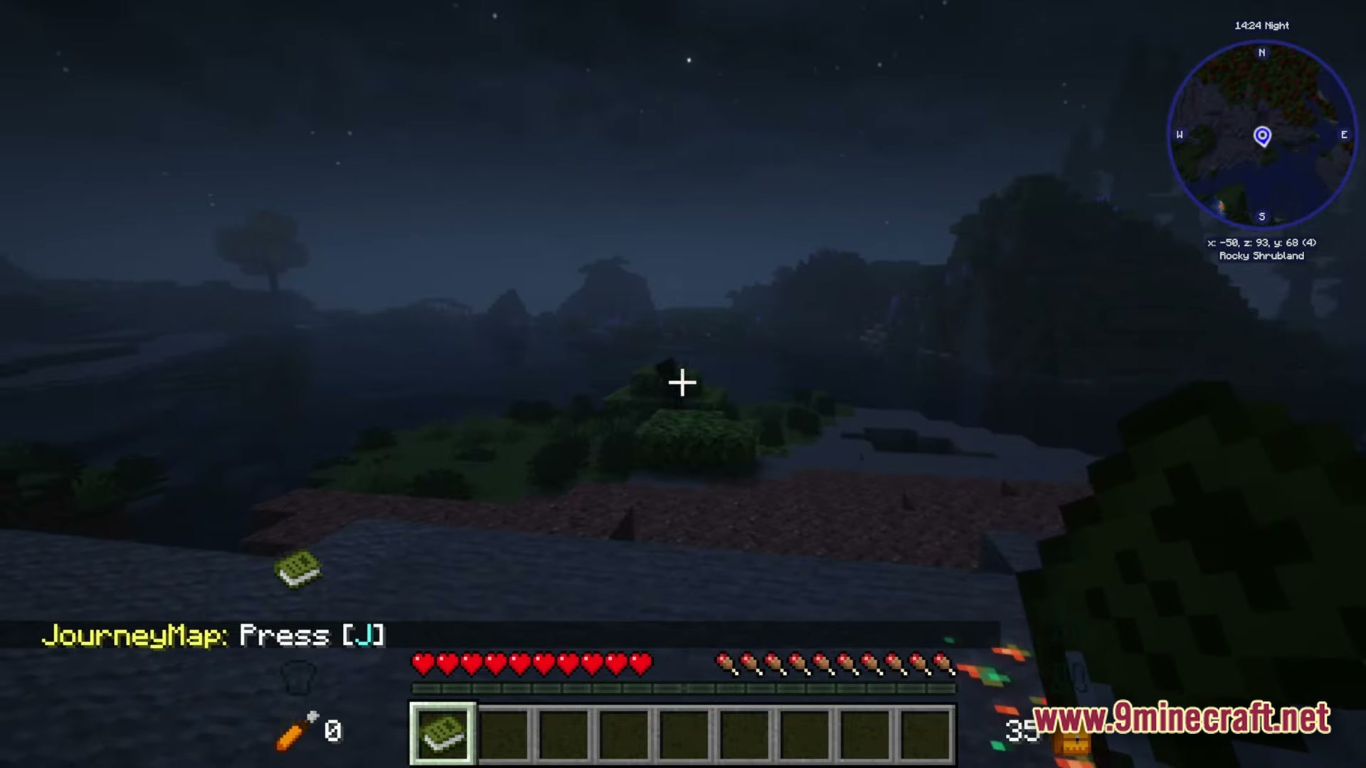 New Game 2 Enjoy An Adventure Without Limits Modpack (1.20.1) – An Endless Adventure True 5 A first-person view of a rocky shrubland biome at night featuring a journeymap interface and minimap