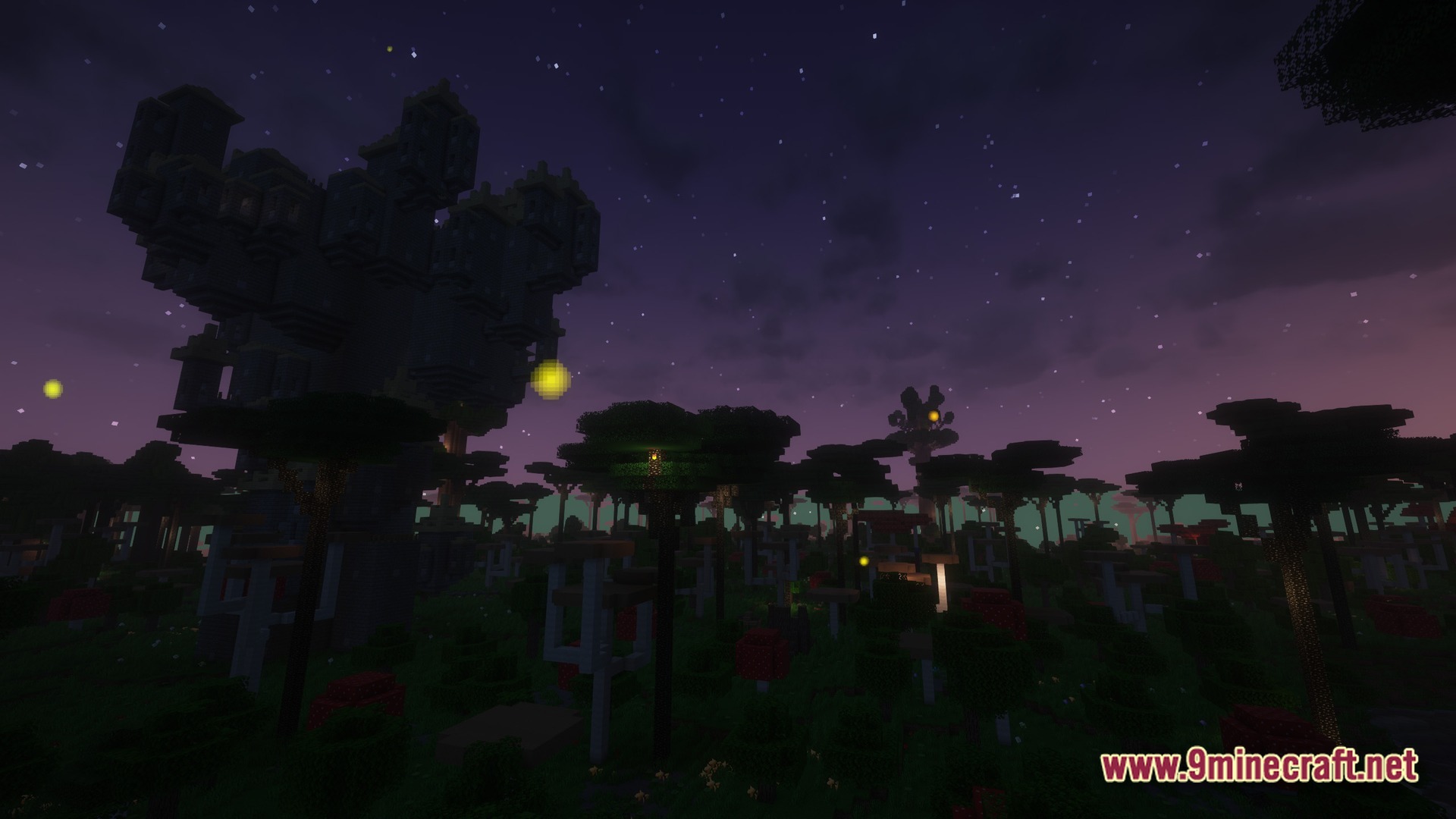 New Game 2 Enjoy An Adventure Without Limits Modpack (1.20.1) – An Endless Adventure True 6 A large stone tower stands within a dark forest biome under a starry night sky