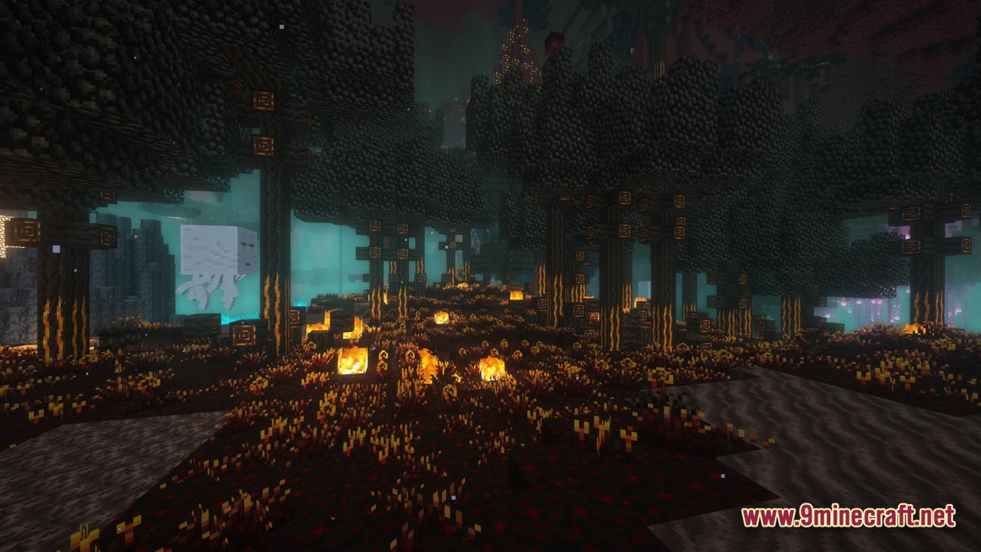 New Game 2 Enjoy An Adventure Without Limits Modpack (1.20.1) – An Endless Adventure True 7 A ghast floats near dark trees and fire in a custom nether biome with shaders