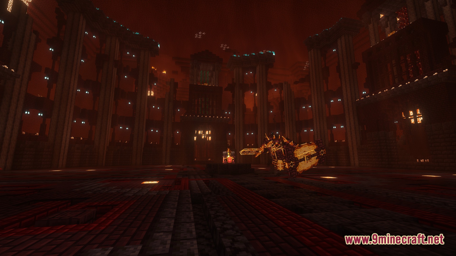 New Game 2 Enjoy An Adventure Without Limits Modpack (1.20.1) – An Endless Adventure True 8 A large armored boss mob stands within a massive dark stone arena in the nether dimension