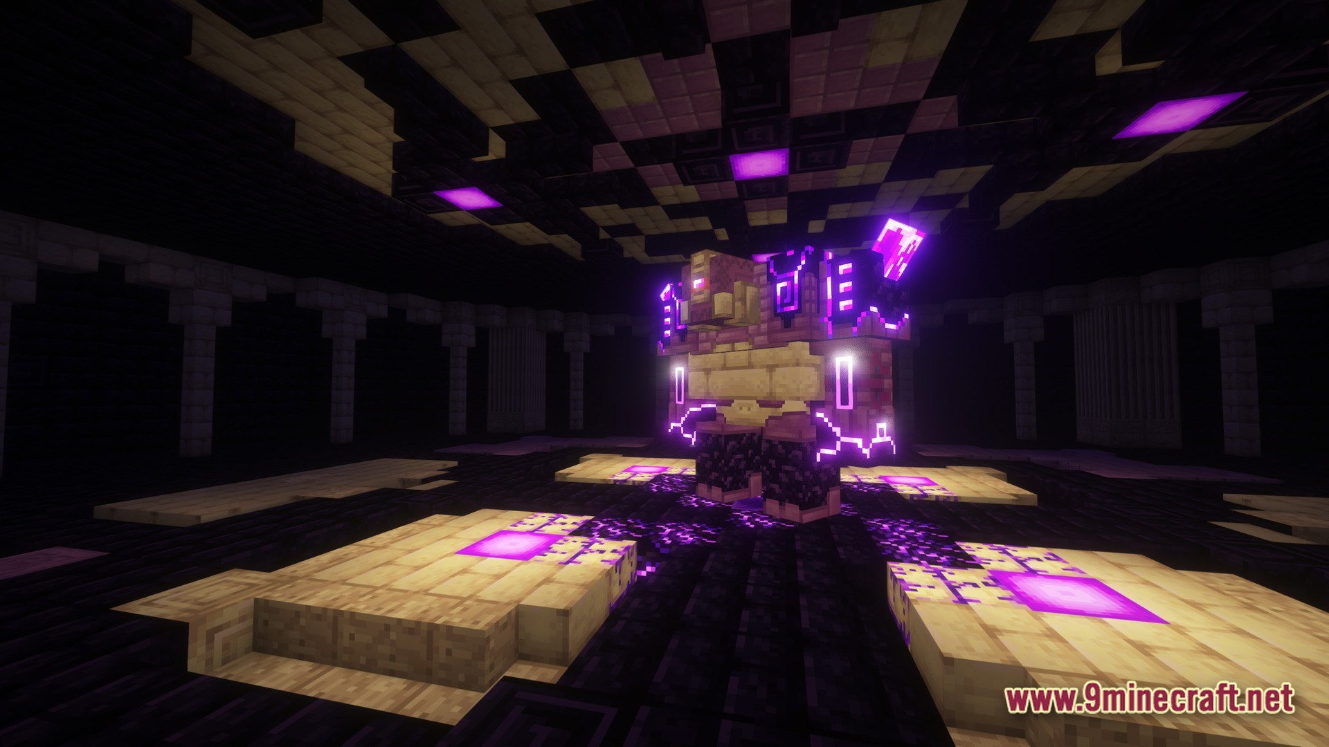 New Game 2 Enjoy An Adventure Without Limits Modpack (1.20.1) – An Endless Adventure True 9 A glowing purple boss mob stands in the center of a dark underground stone chamber