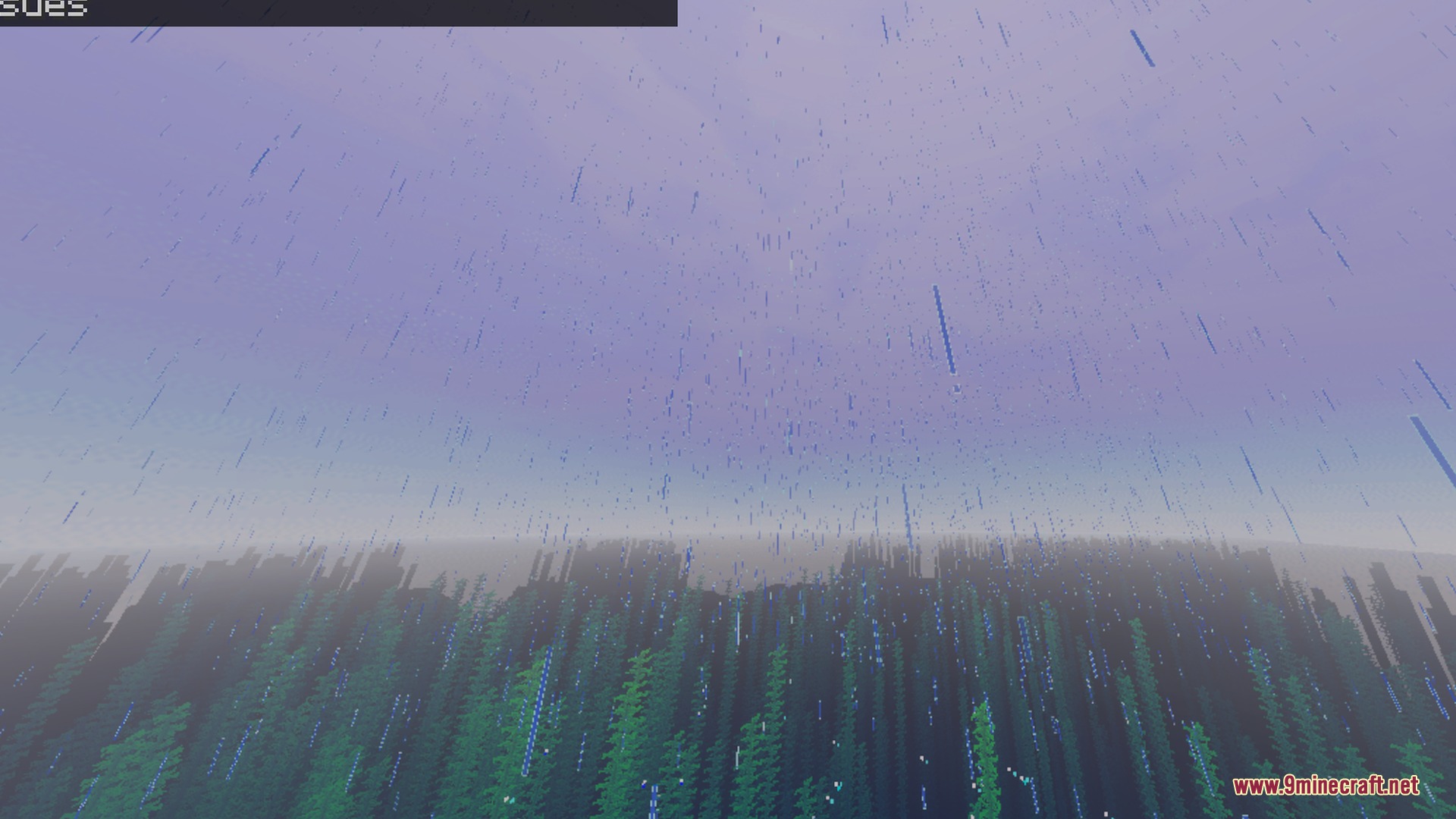 Rain falling from a hazy sky over a dense green forest landscape