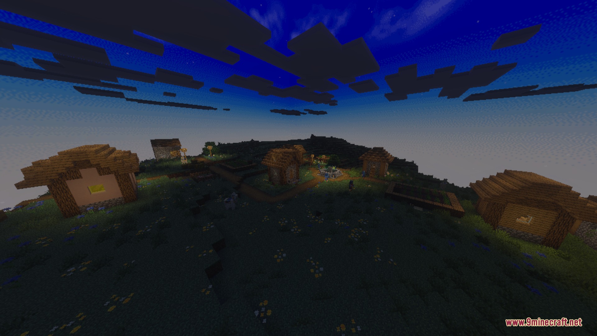 Nova light shader enhances the night sky over a small minecraft village