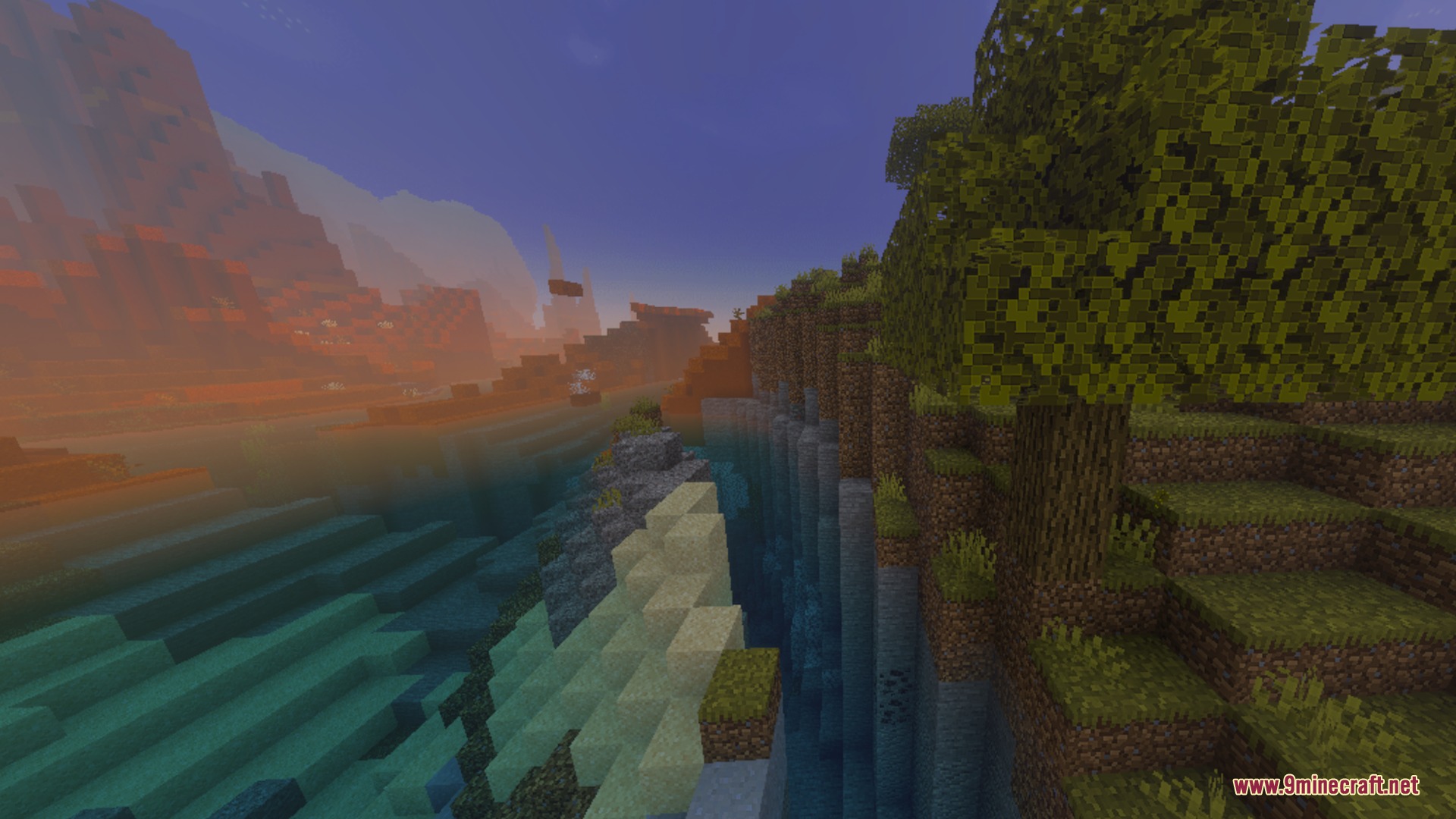 Nova light shader adds soft sunset lighting to a scenic minecraft river valley