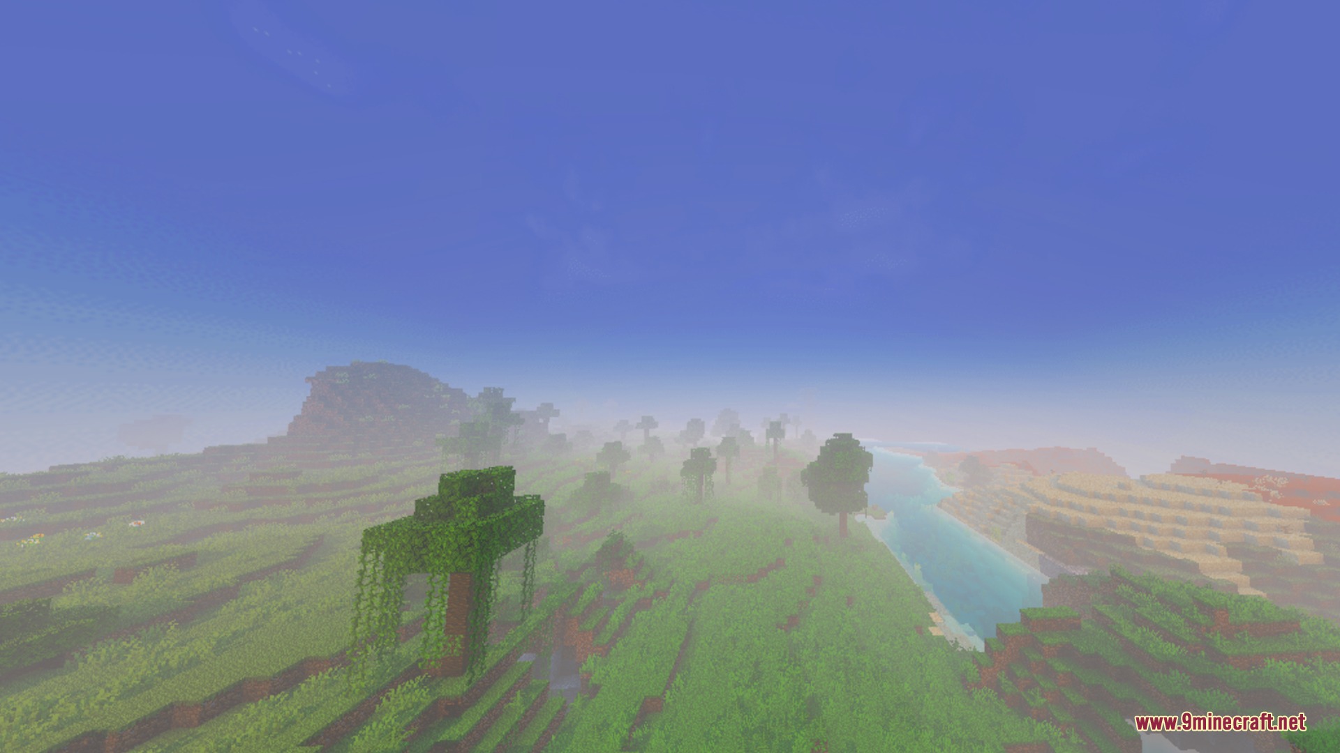 A scenic minecraft landscape with green hills and a river under bright skies