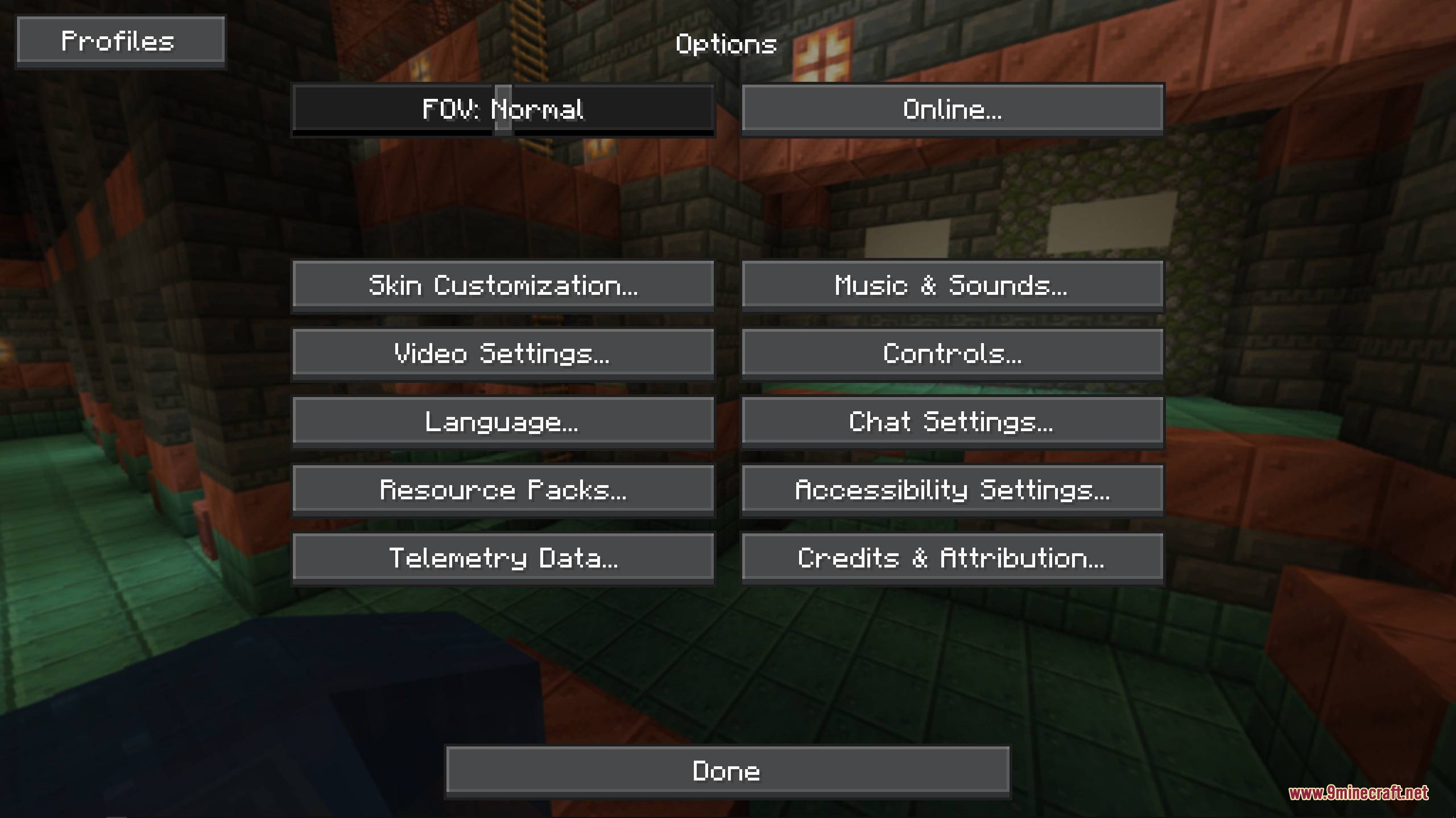 Obsidian Interface Resource Pack (26.2, 1.20.1) – Sleek Dark Mode Menus 5 A dark transparent options menu overlays a copper room with a profiles button