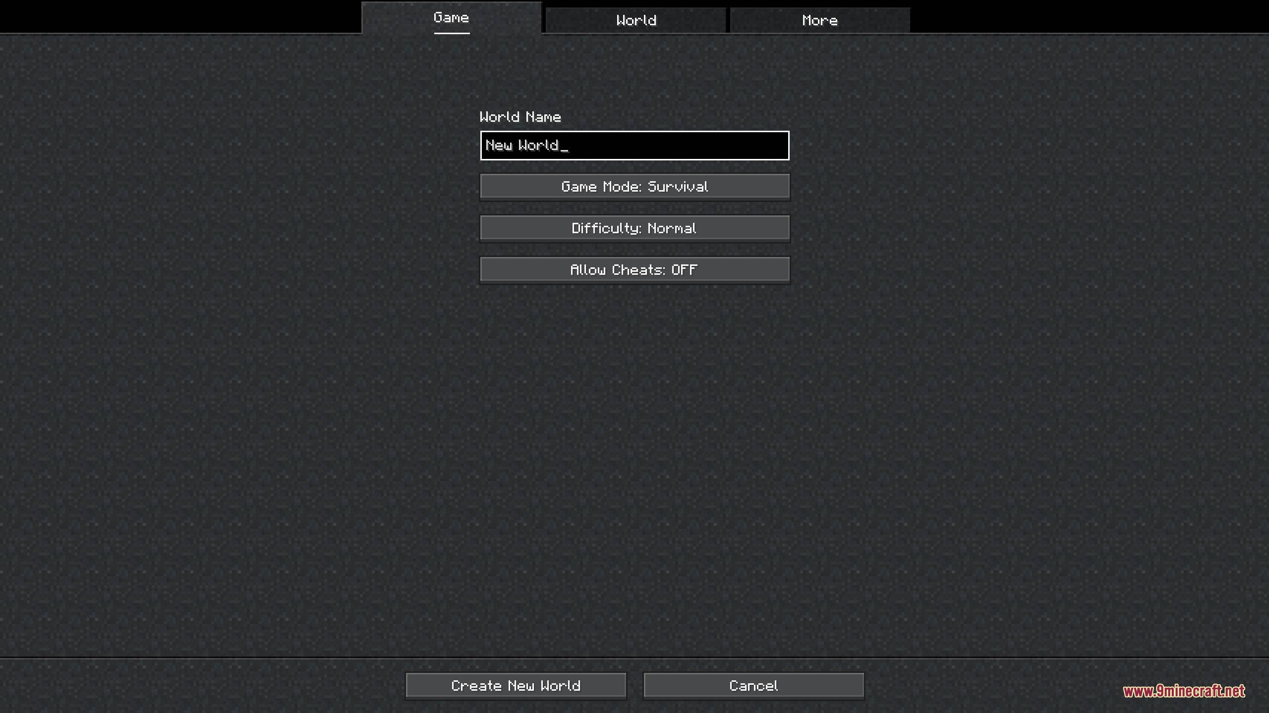 Obsidian Interface Resource Pack (26.2, 1.20.1) – Sleek Dark Mode Menus 6 A dark grey world creation interface with sleek buttons and tiled background