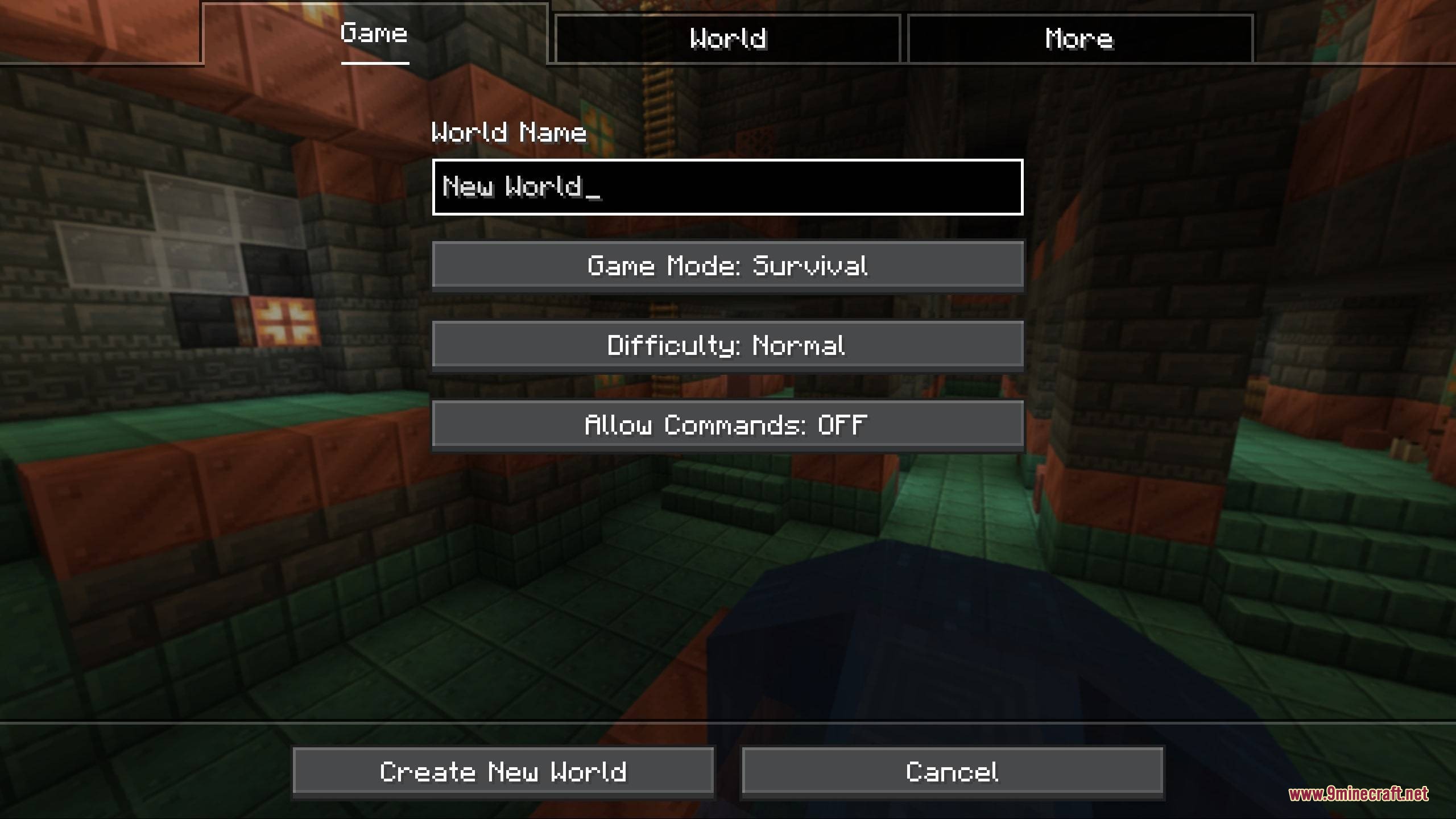 Obsidian Interface Resource Pack (26.2, 1.20.1) – Sleek Dark Mode Menus 7 The world creation menu features a dark theme over a trial chamber
