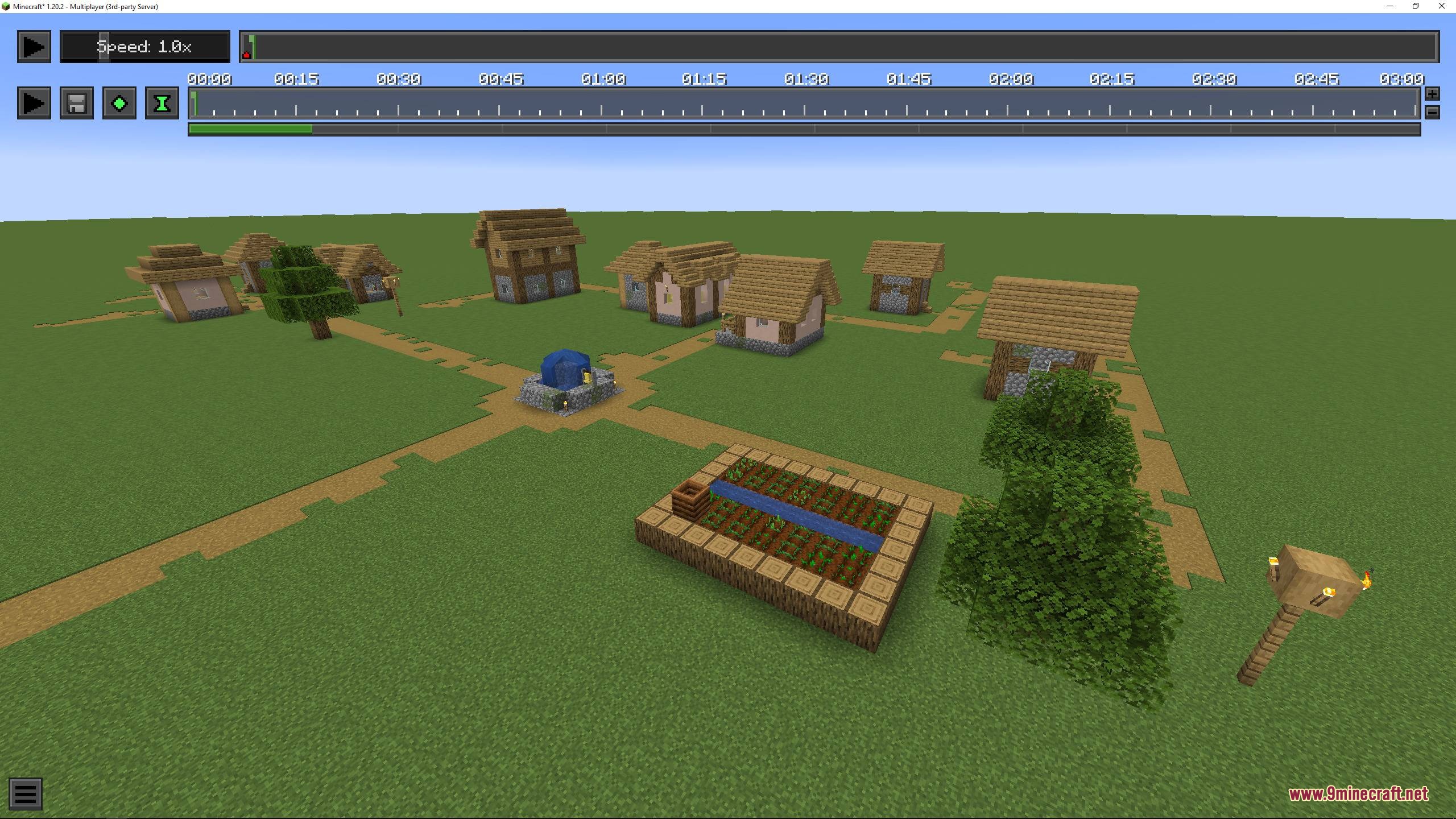 Obsidian Interface Resource Pack (26.2, 1.20.1) – Sleek Dark Mode Menus 9 A small village built on a flat grass field with replay controls