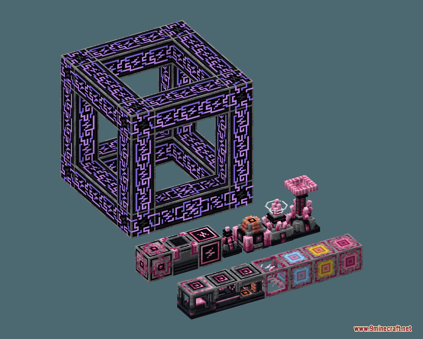 Obsidian Network Interface Resource Pack (1.21.1) – Sleek Dark Aesthetic 5 Various futuristic technological blocks and a large hollow cube with pink patterns