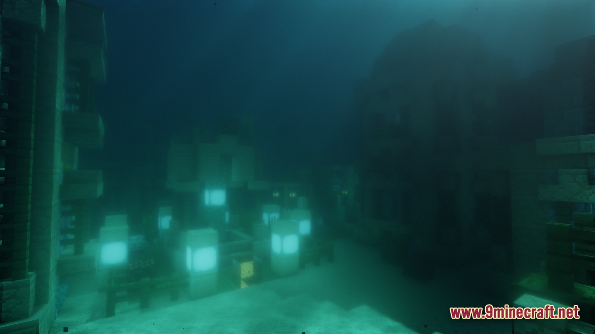 Glowing sea lanterns illuminate a dark underwater structure on the sandy floor of a deep ocean biome