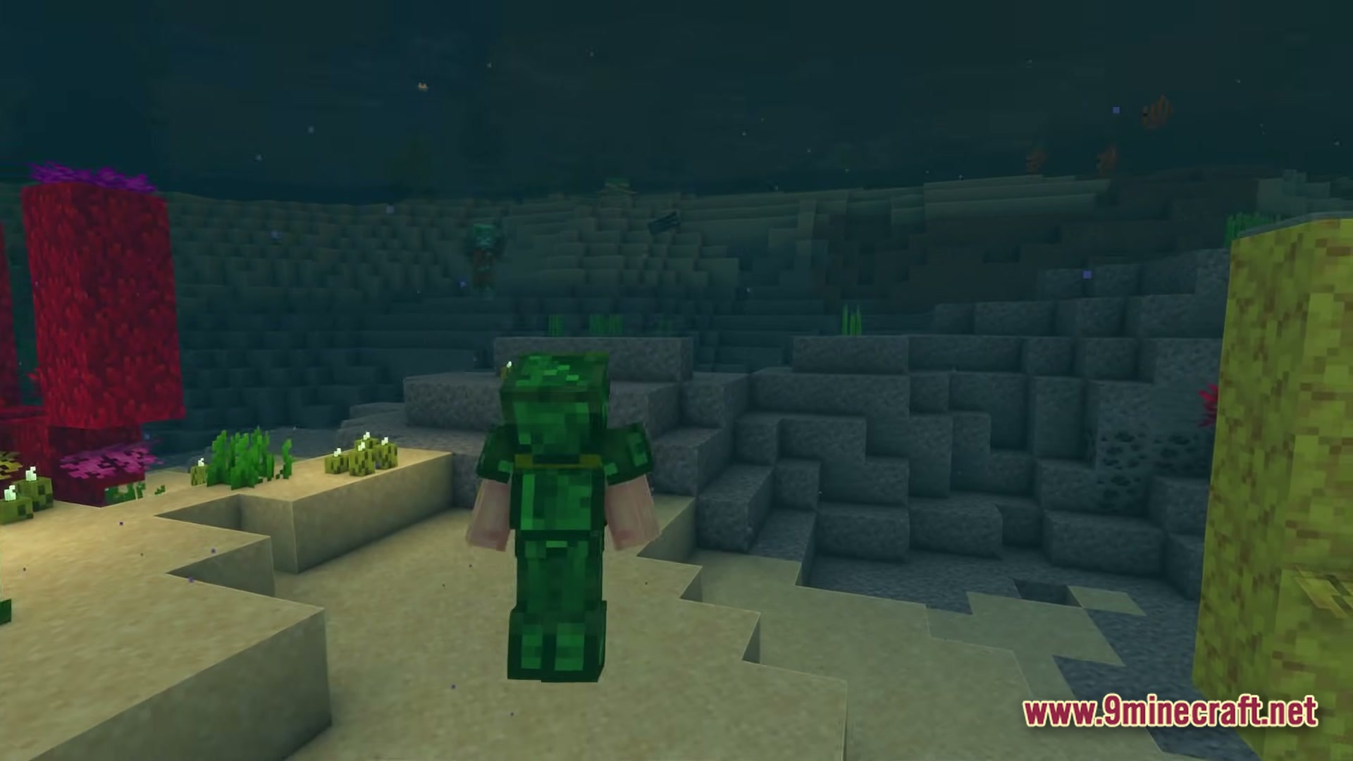 A player wearing green diving gear explores a dark underwater biome with coral and sea life