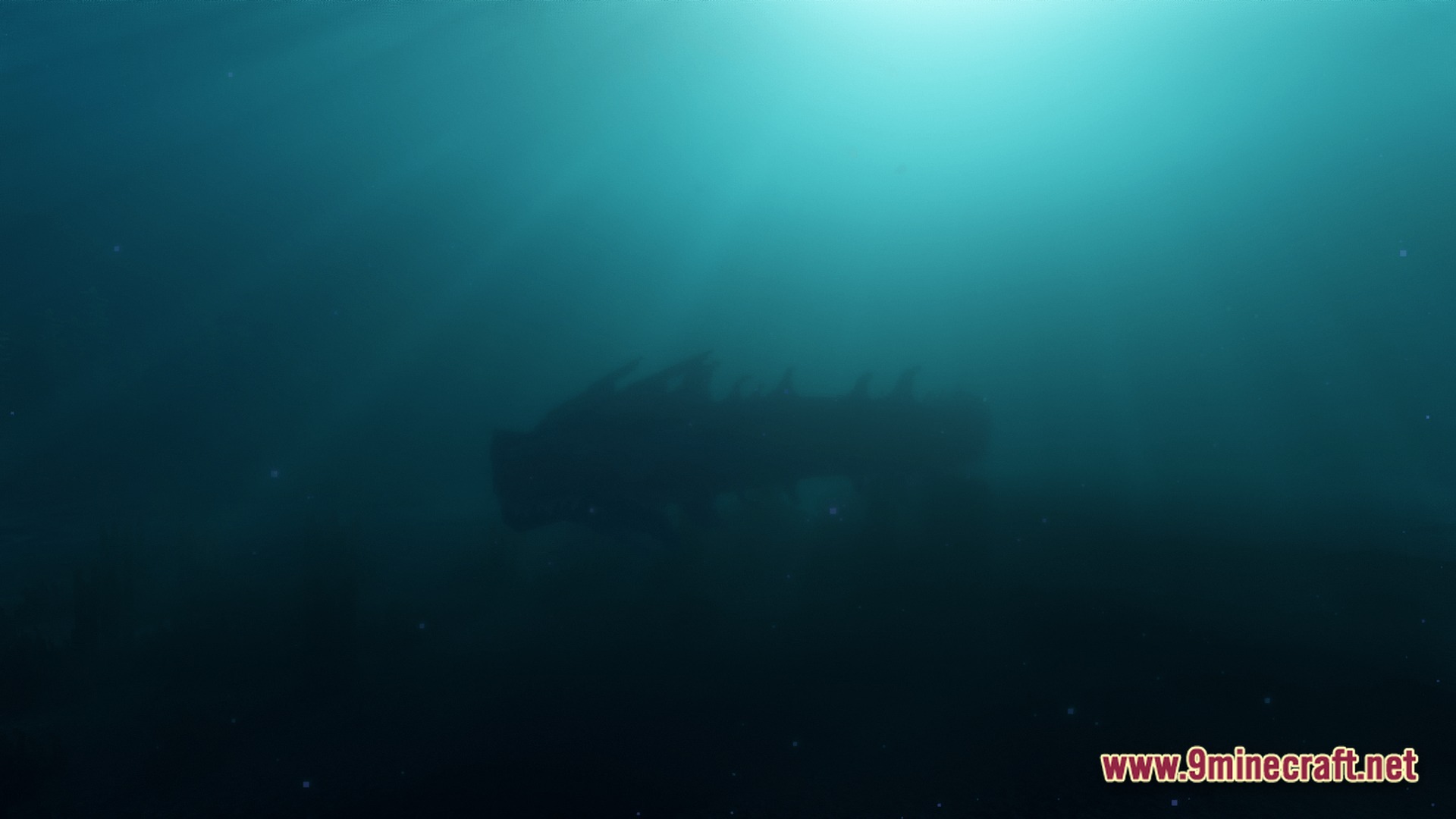 A large aquatic creature swims through a dark, foggy underwater biome with shafts of light above