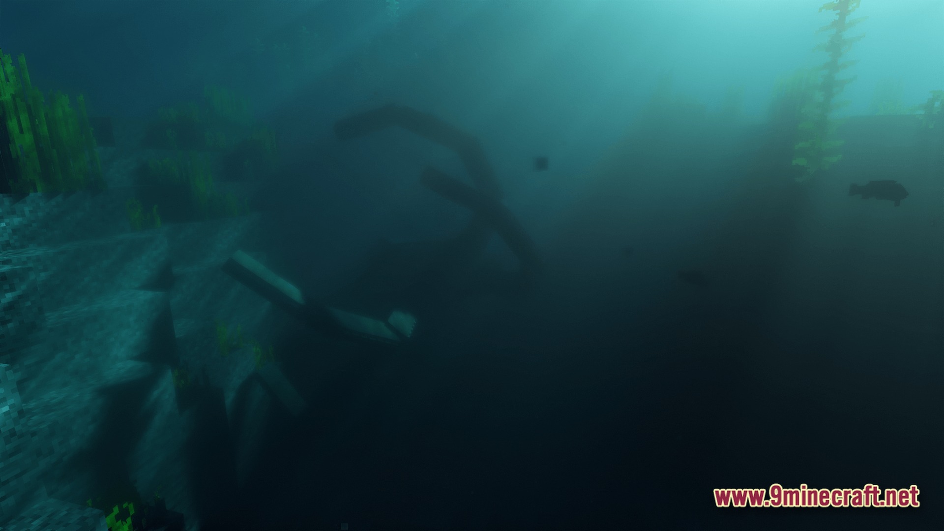 A large, dark sea creature swims through a deep ocean biome with kelp and fish