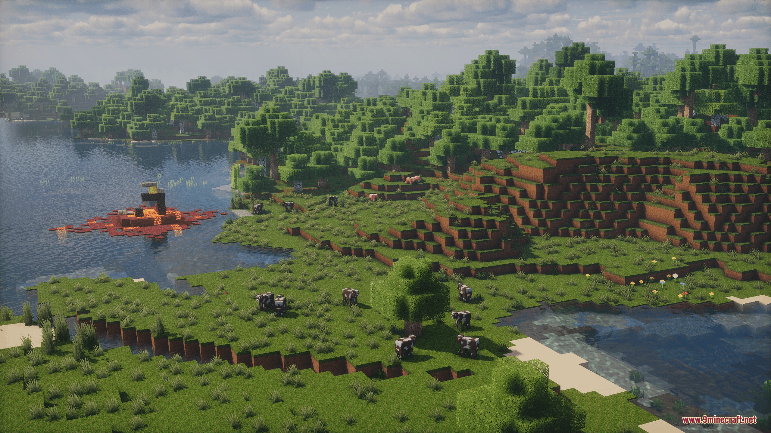 Odar Is Resource Pack (26.2, 1.20.1) – Crisp Photo Realism For Classic Survival 4 Peaceful minecraft landscape with cows grazing near a lake and ruined portal