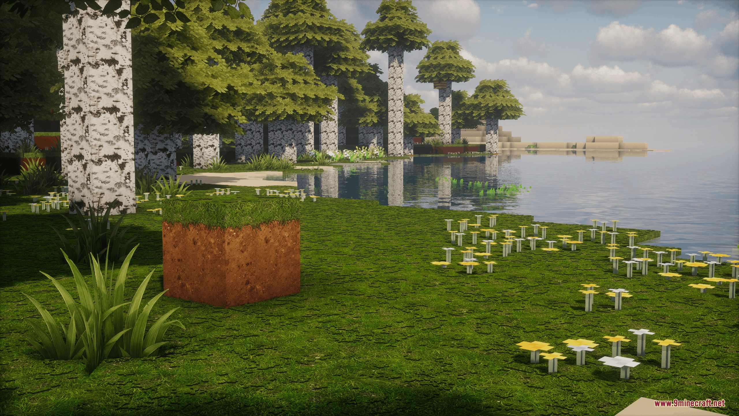 Odar Is Resource Pack (26.2, 1.20.1) – Crisp Photo Realism For Classic Survival 5 High resolution grass block and birch trees with flower overlays near water