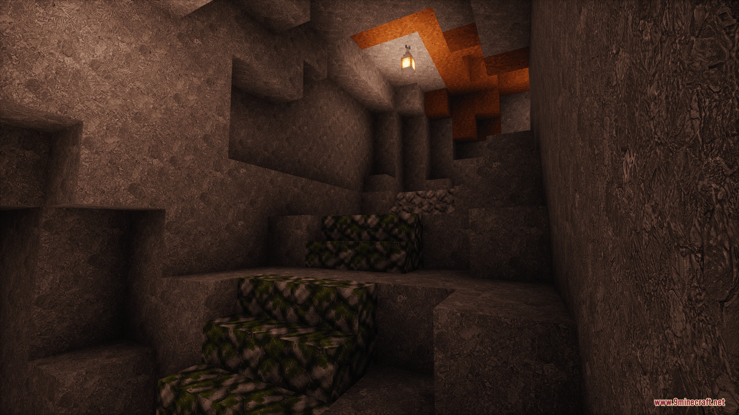Odar Is Resource Pack (26.2, 1.20.1) – Crisp Photo Realism For Classic Survival 8 Realistic stone textures and mossy cobblestone stairs inside a dark cave with lantern