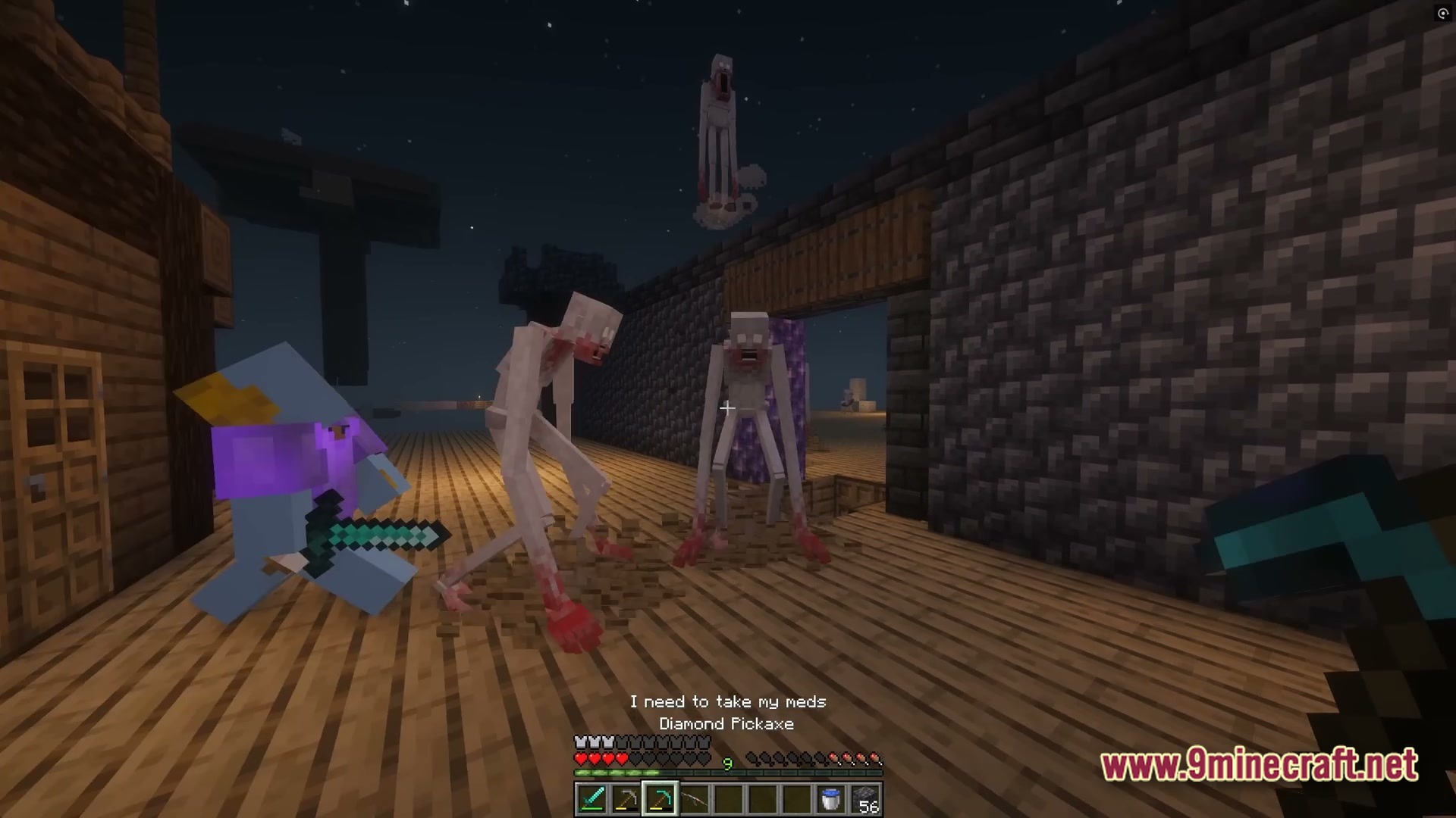 Tall, pale humanoid monsters surround a player on a wooden platform at night in minecraft