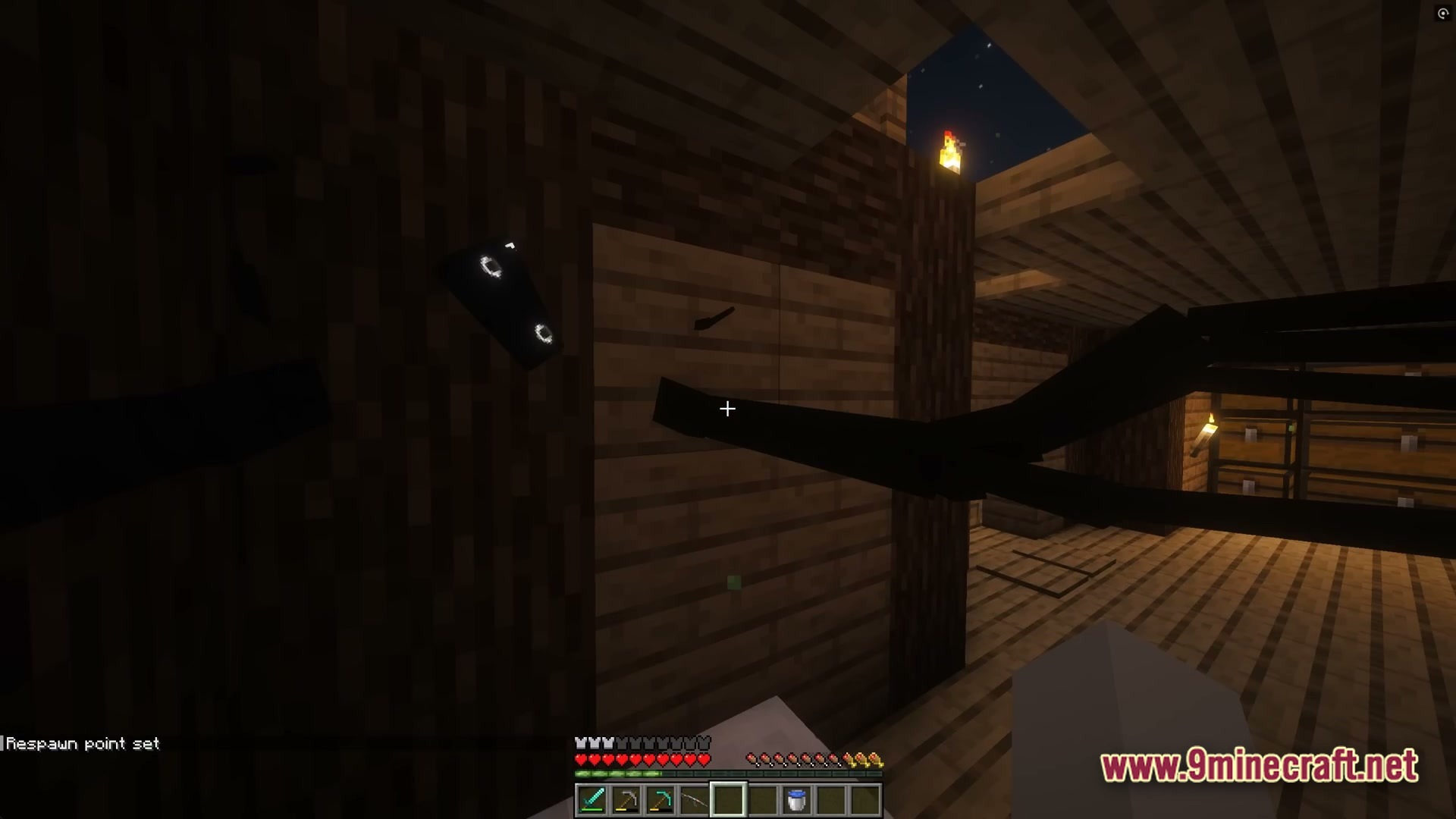 A dark, long-limbed entity with glowing eyes stalks a player inside a wooden minecraft structure