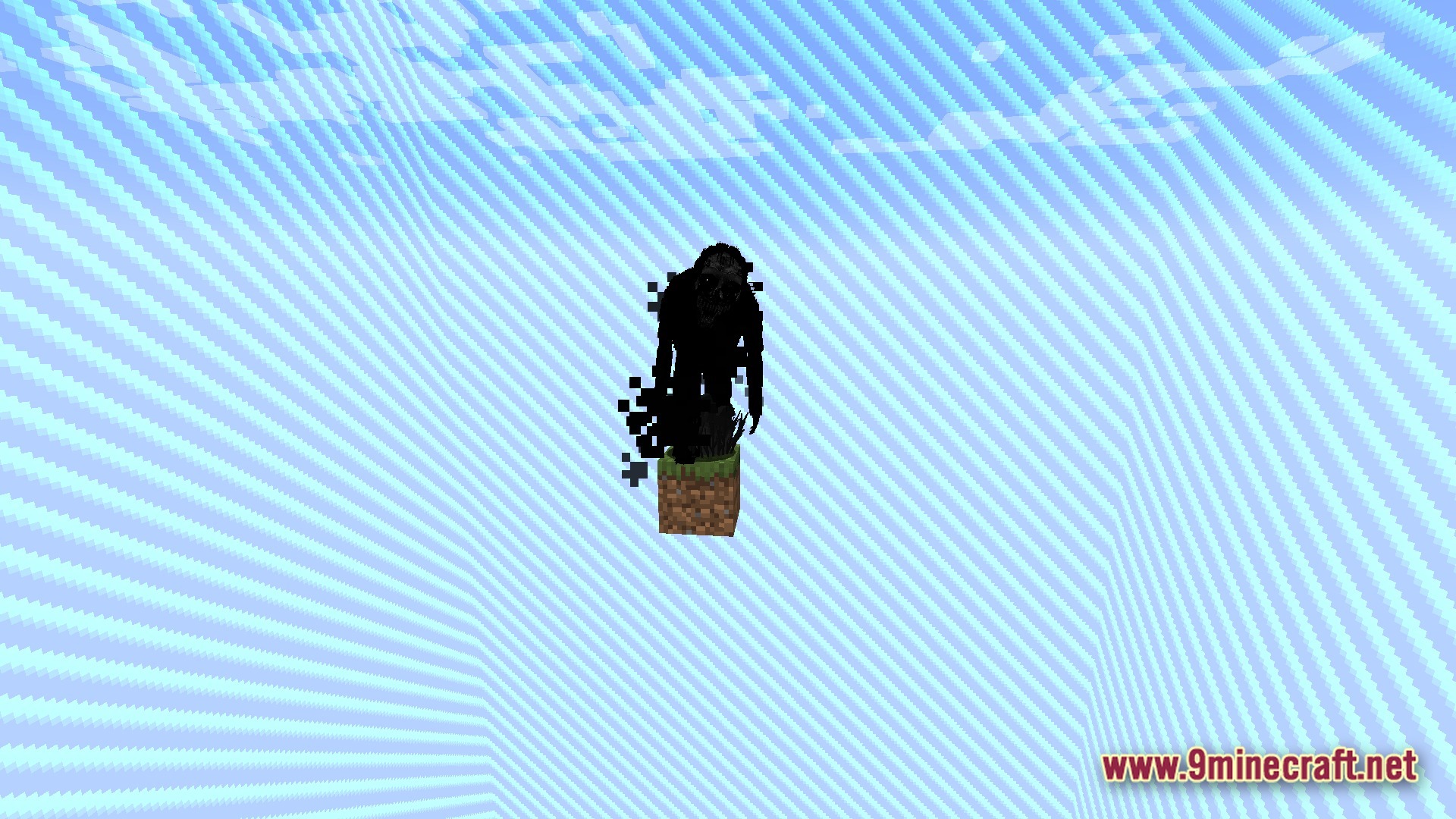 A shadowy creature stands on a single grass block within a blue-striped void environment