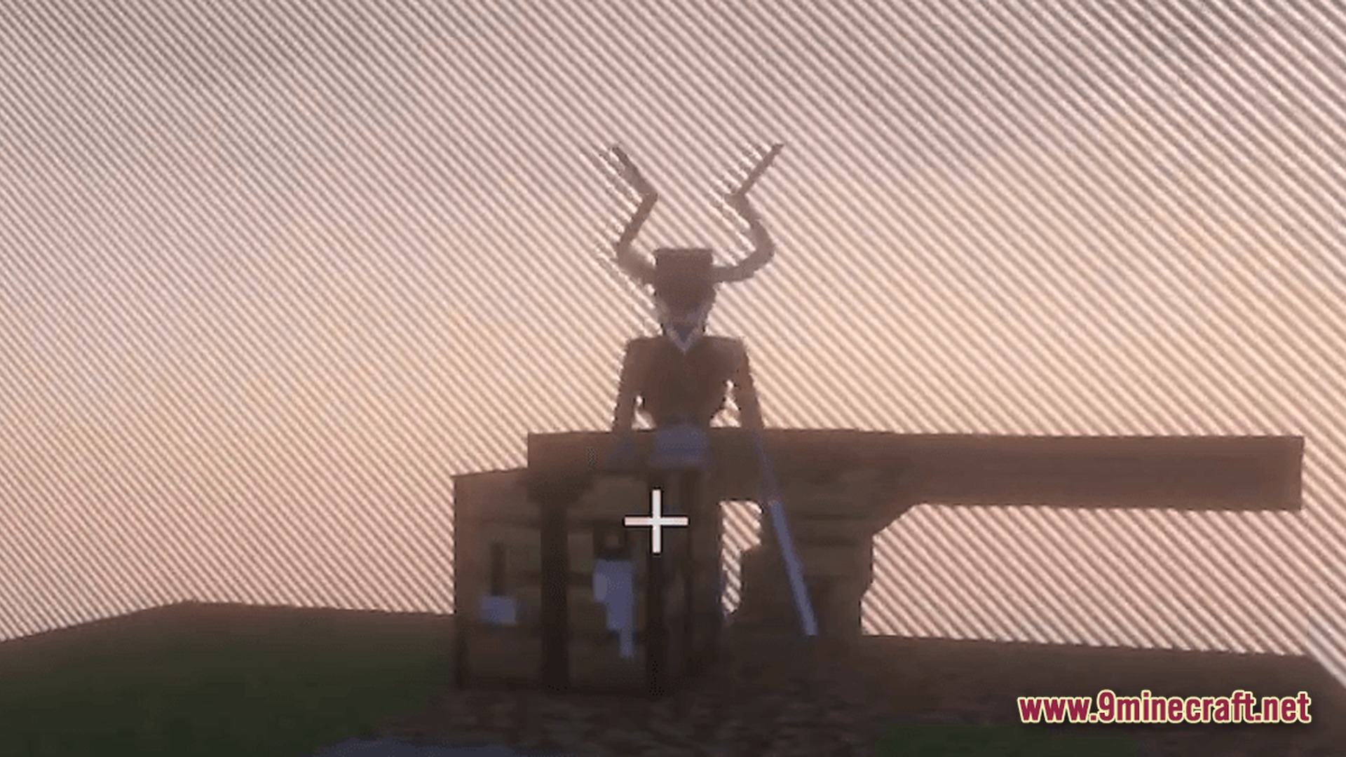 A tall, horned creature stands behind a wooden chest on a small floating island