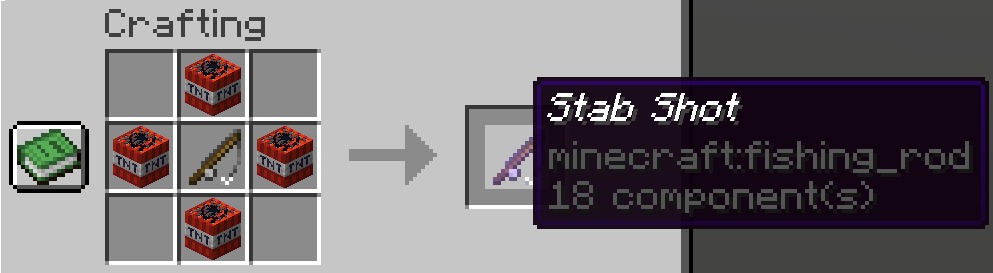 Crafting recipe for the stab shot item using four tnt and fishing rod