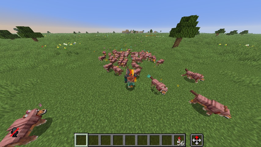 A player stands in a grassy field surrounded by many loyal wolves
