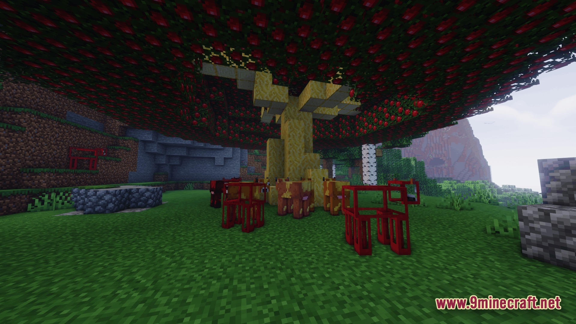 Ore Spawn Adventuree Modpack (1.20.1) – Crazy Dimensions And Giant Beasts 11 Red and orange cows gather beneath a large apple tree with a golden trunk and branches