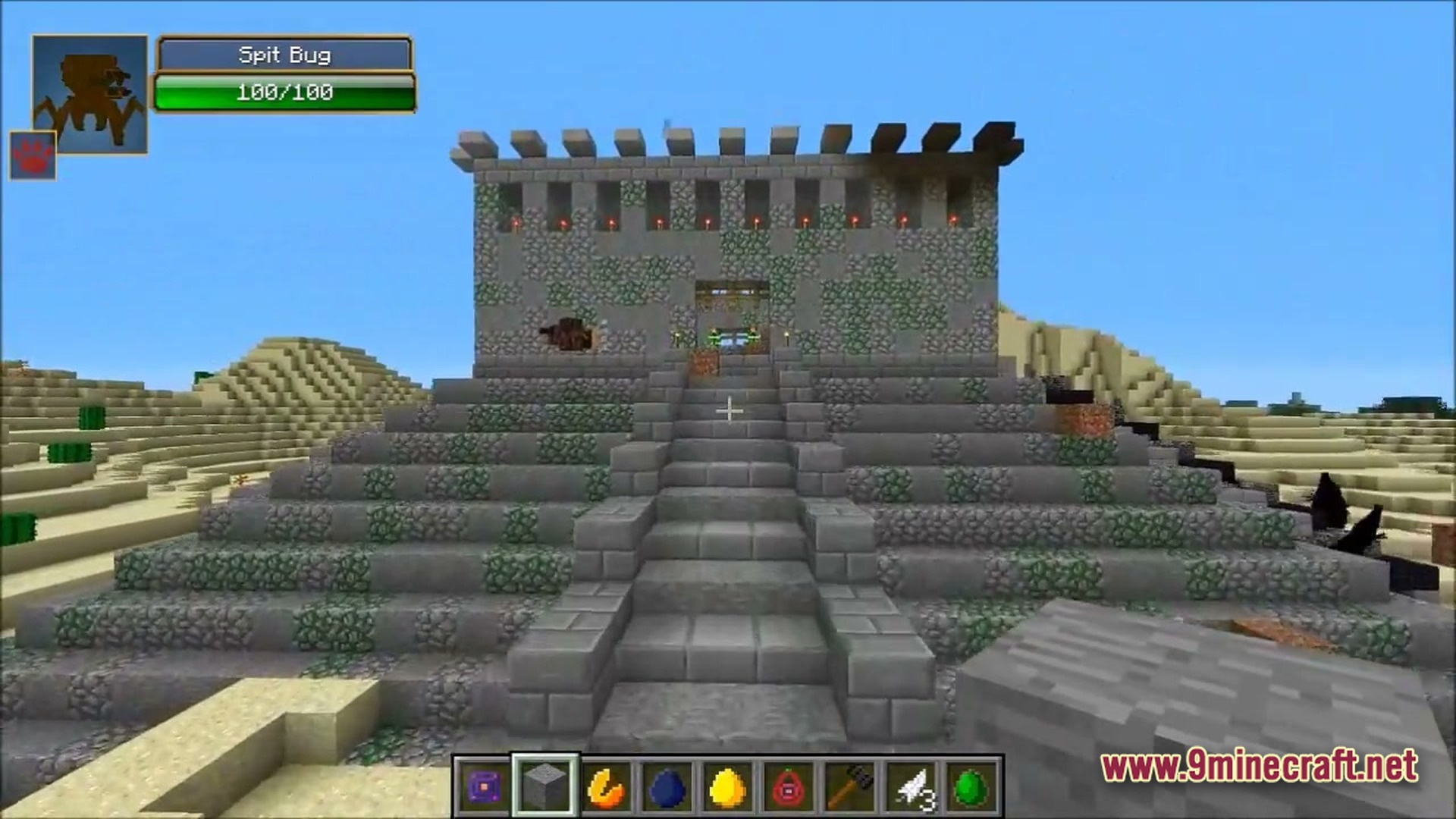 Ore Spawn Adventuree Modpack (1.20.1) – Crazy Dimensions And Giant Beasts 7 A stone brick pyramid structure stands in a desert biome with a spit bug health bar visible