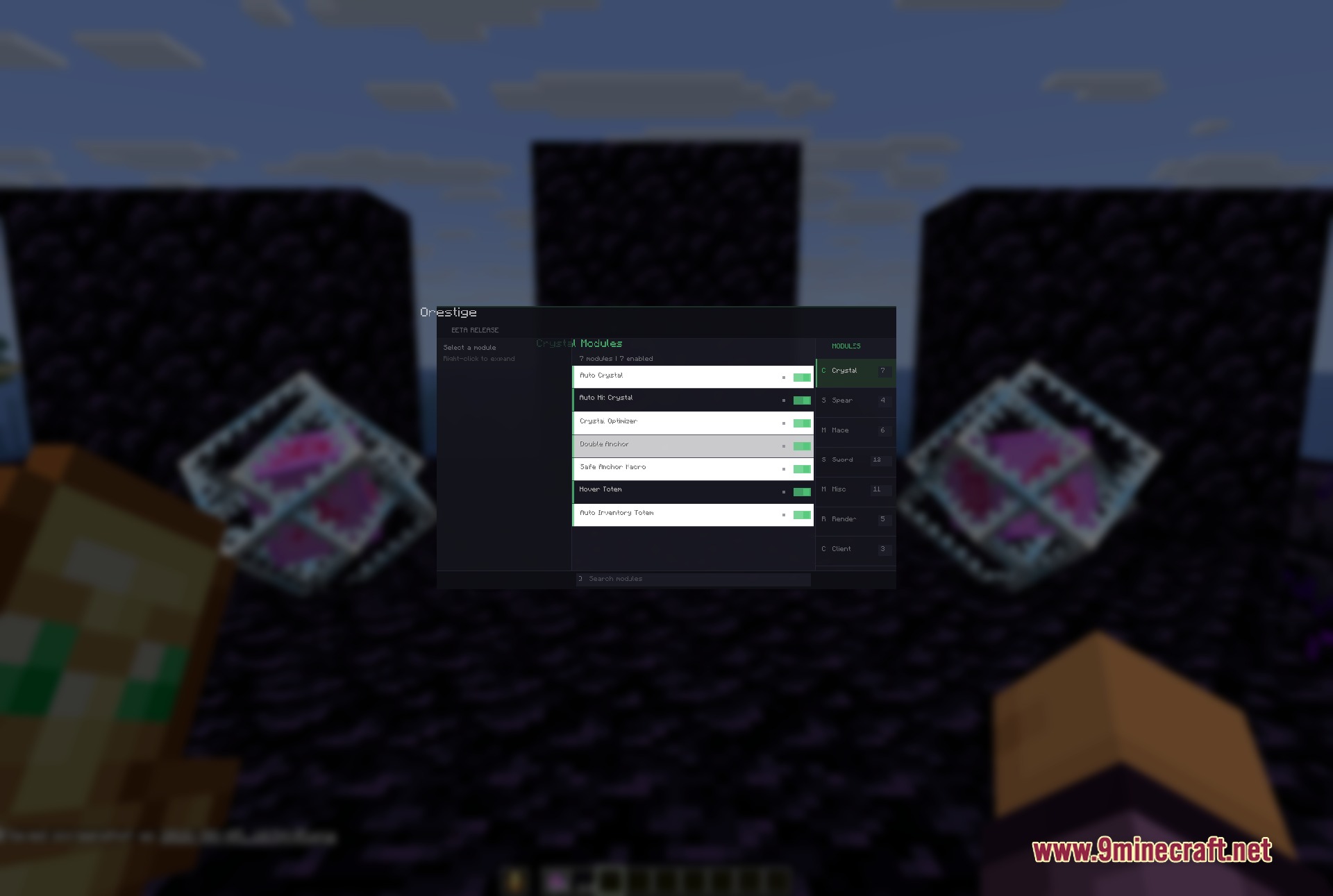 The orestige client menu showing various crystal combat modules for pvp