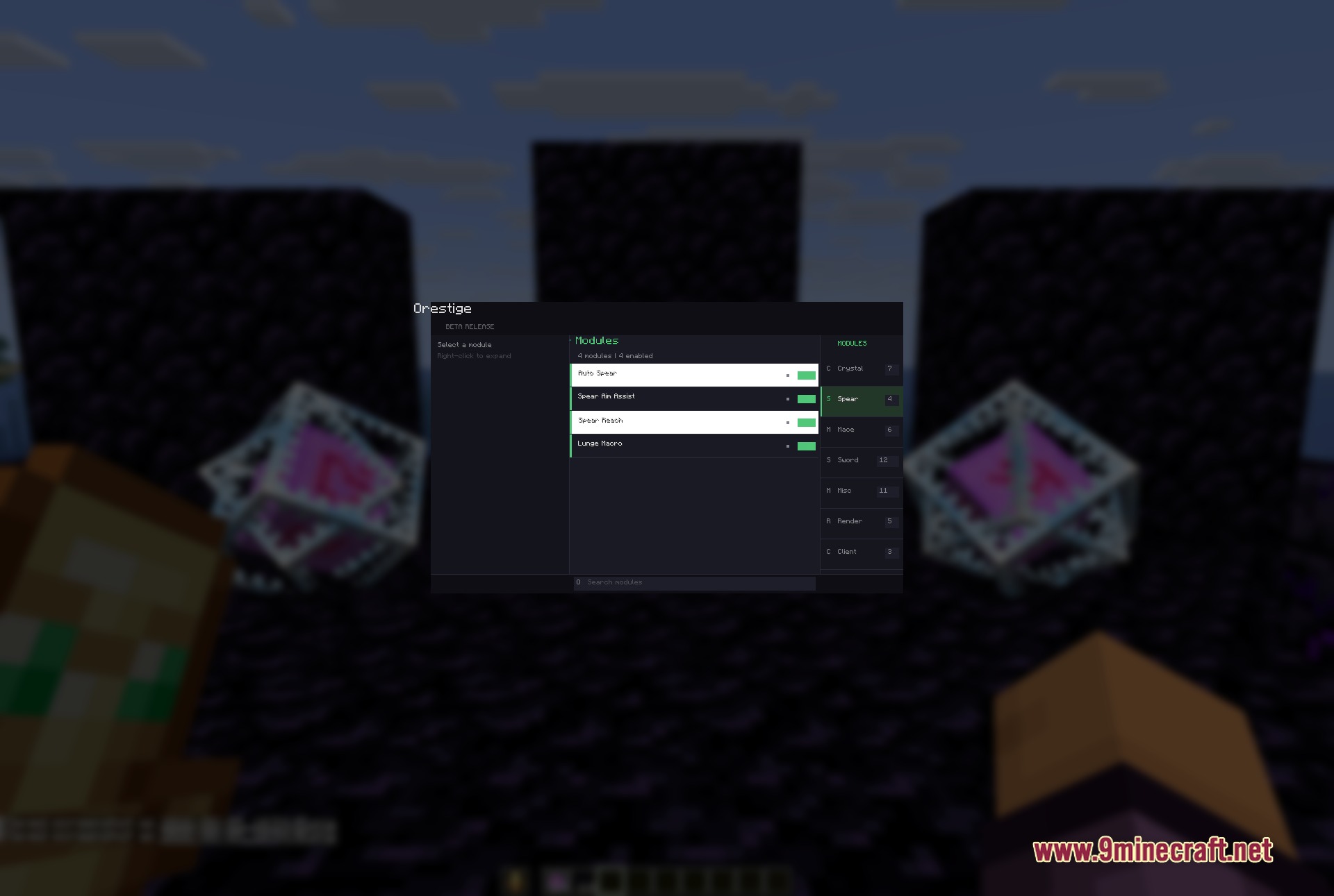 A minecraft client menu displaying spear combat modules near obsidian blocks