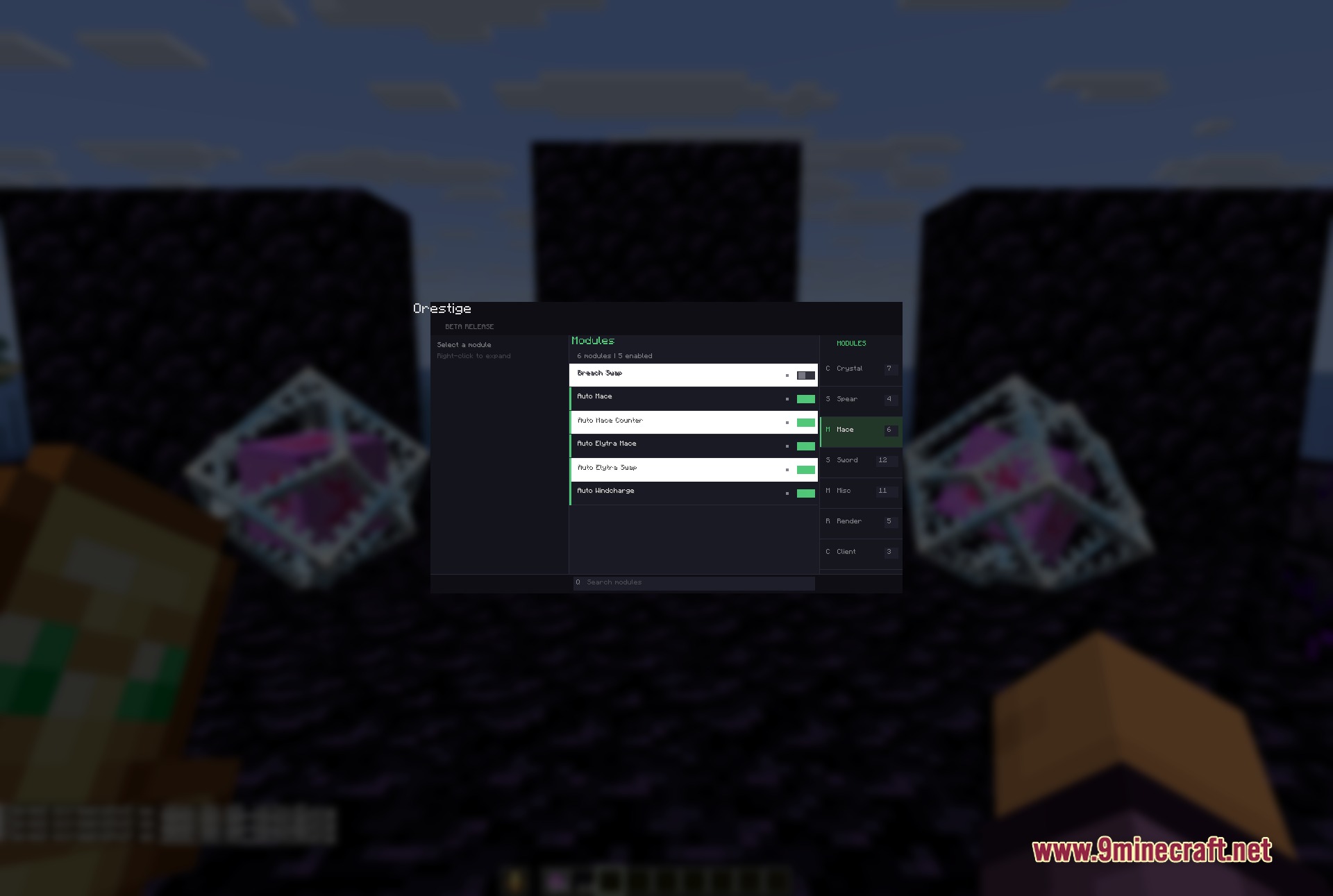 Orestige client interface displaying combat modules for the mace weapon category