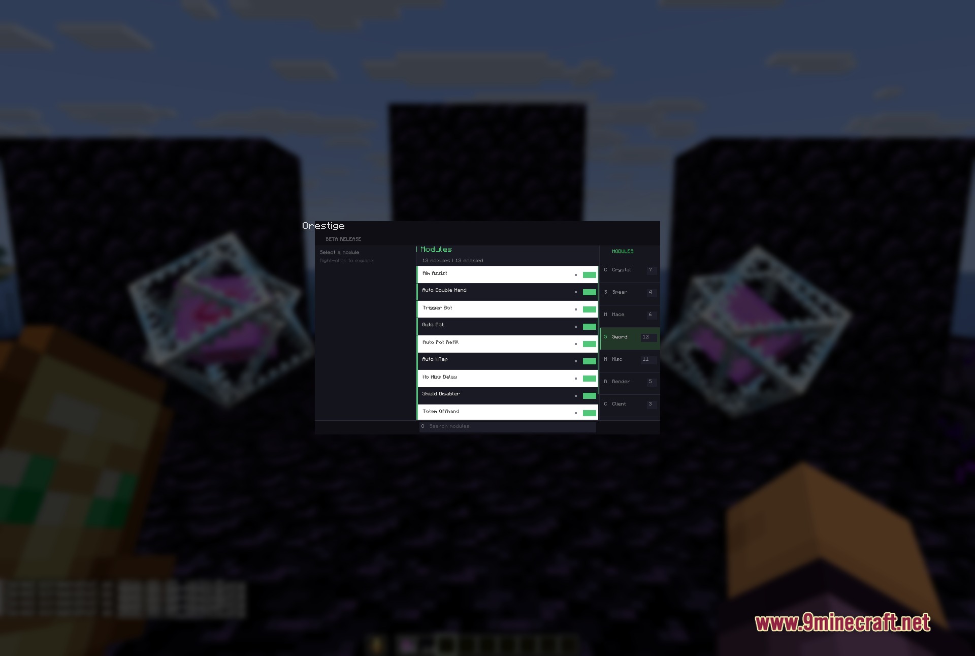 Minecraft player configuring sword modules in a custom combat client menu